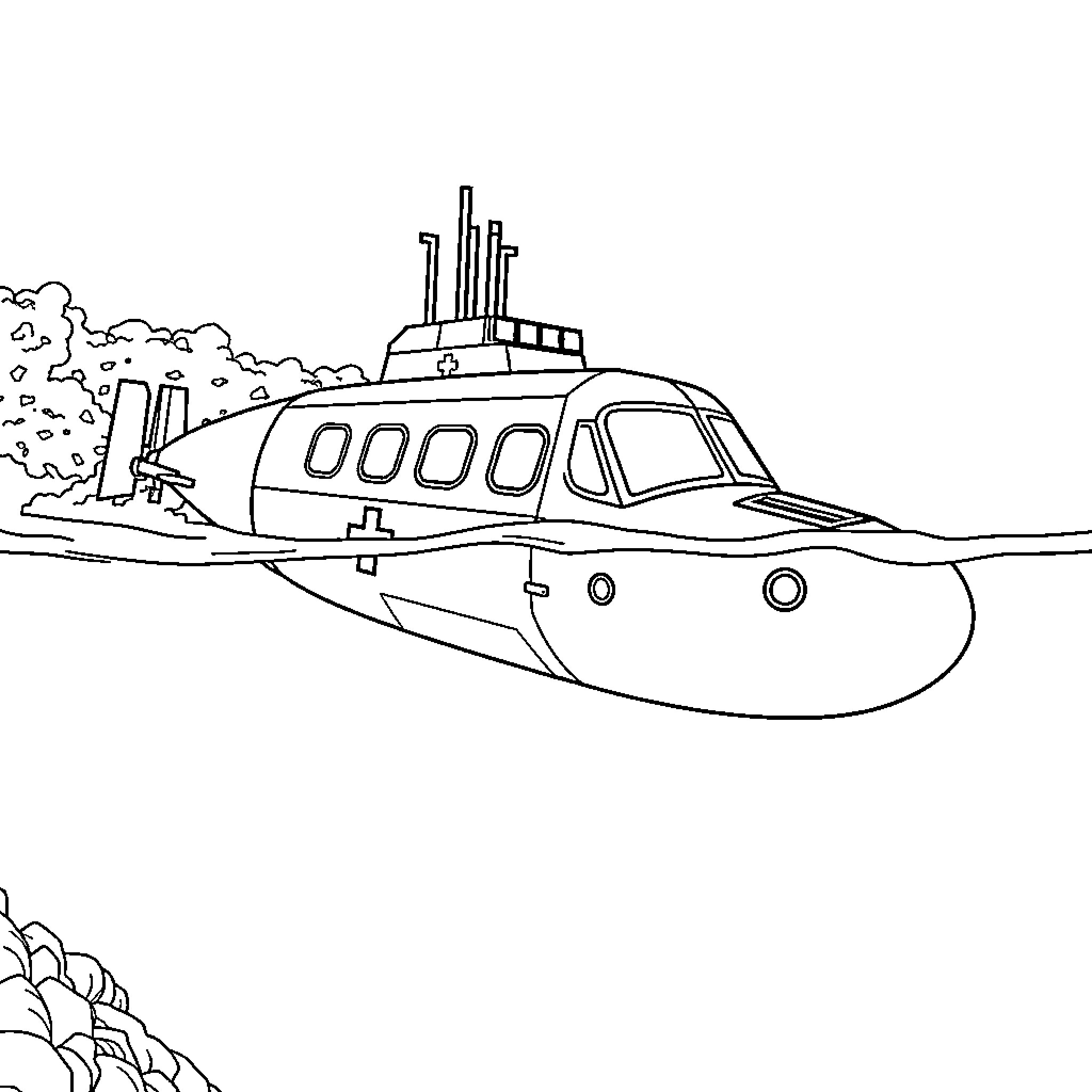 Submarine surfacing near rocky coastline Coloring Page (free black-and-white line drawing printable PDF for all, from beginners to advanced learners, including children, teens, adults, and seniors)