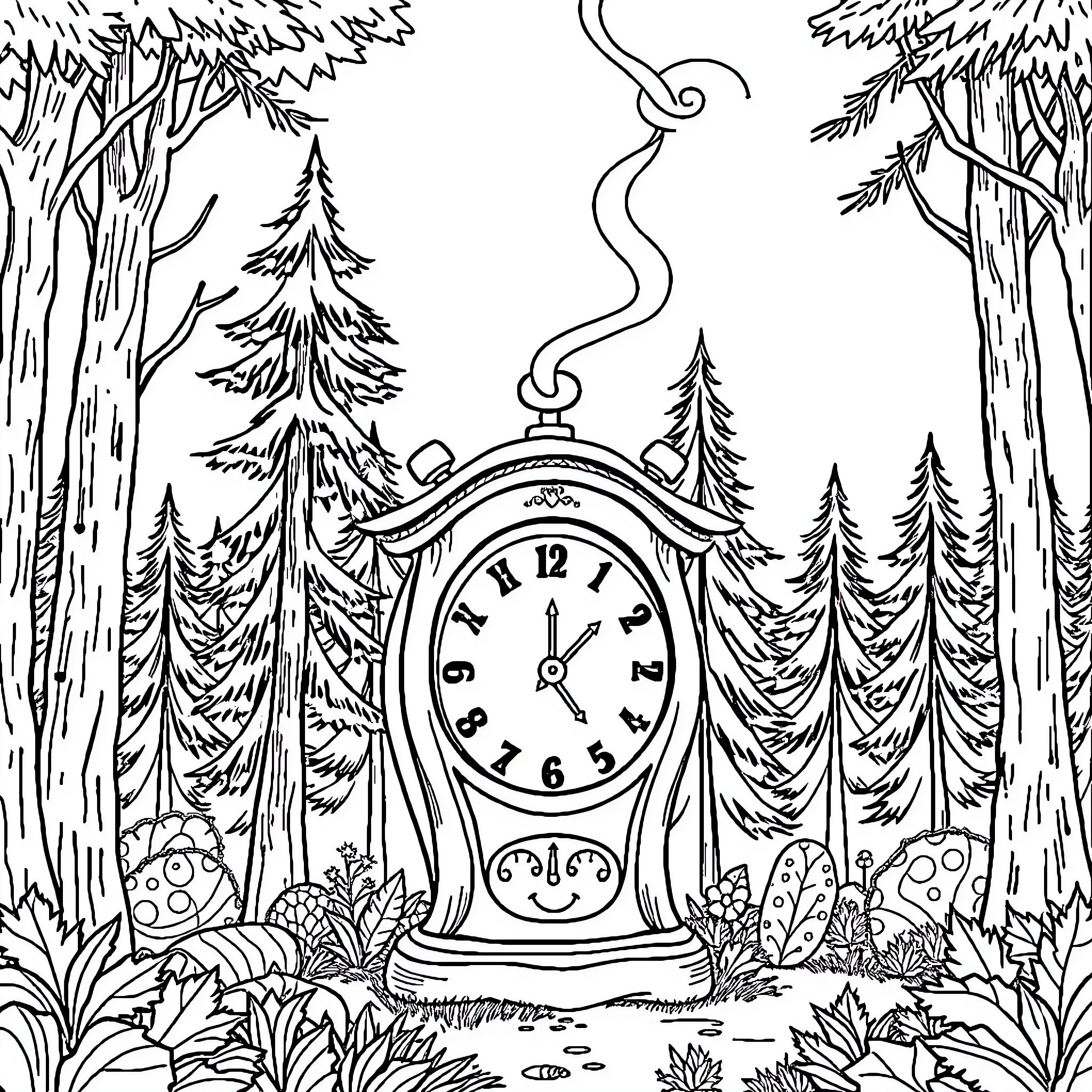 Clock in the magical forest Coloring Page (free black-and-white line drawing printable PDF for all, from beginners to advanced learners, including children, teens, adults, and seniors)