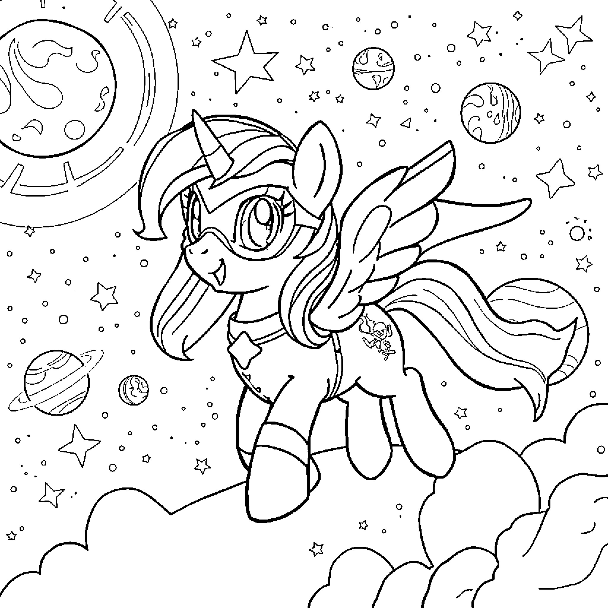 Pony exploring the wondrous cosmos Coloring Page (free black-and-white line drawing printable PDF for all, from beginners to advanced learners, including children, teens, adults, and seniors)