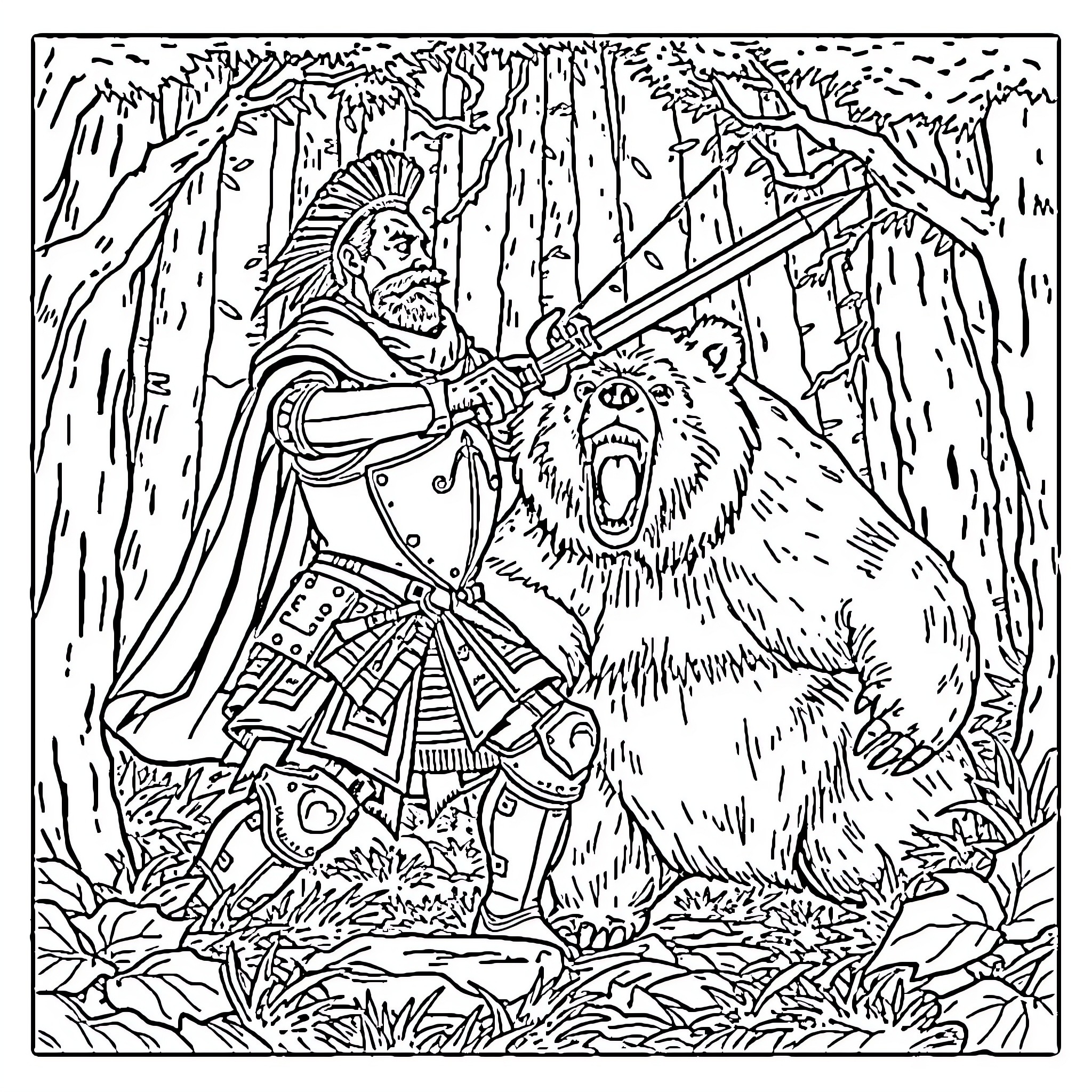 Captain Moroni Confronting a Fierce Bear in the Forest Coloring Page (free black-and-white line drawing printable PDF for all, from beginners to advanced learners, including children, teens, adults, and seniors)