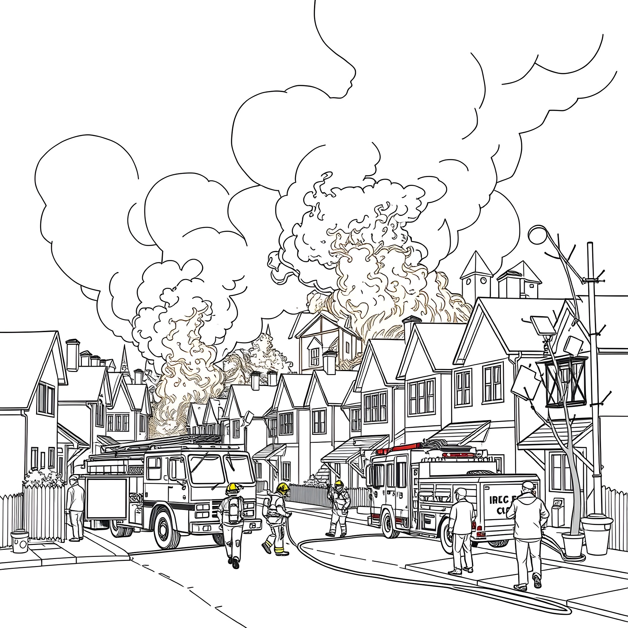Firefighters battling a blaze in a residential neighborhood Coloring Page (free black-and-white line drawing printable PDF for all, from beginners to advanced learners, including children, teens, adults, and seniors)
