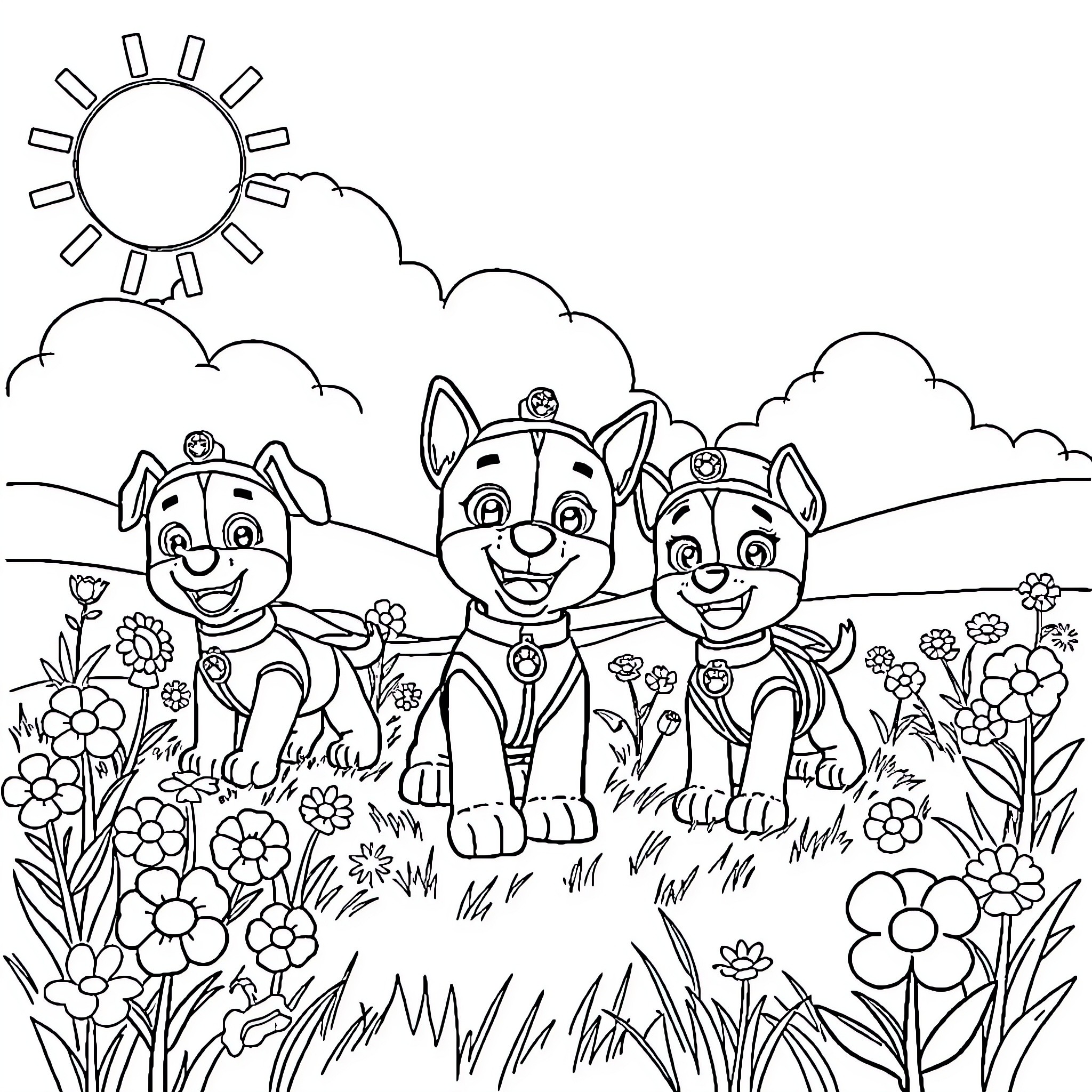 Paw Patrol pups exploring a sunny flower-filled field Coloring Page (free black-and-white line drawing printable PDF for all, from beginners to advanced learners, including children, teens, adults, and seniors)