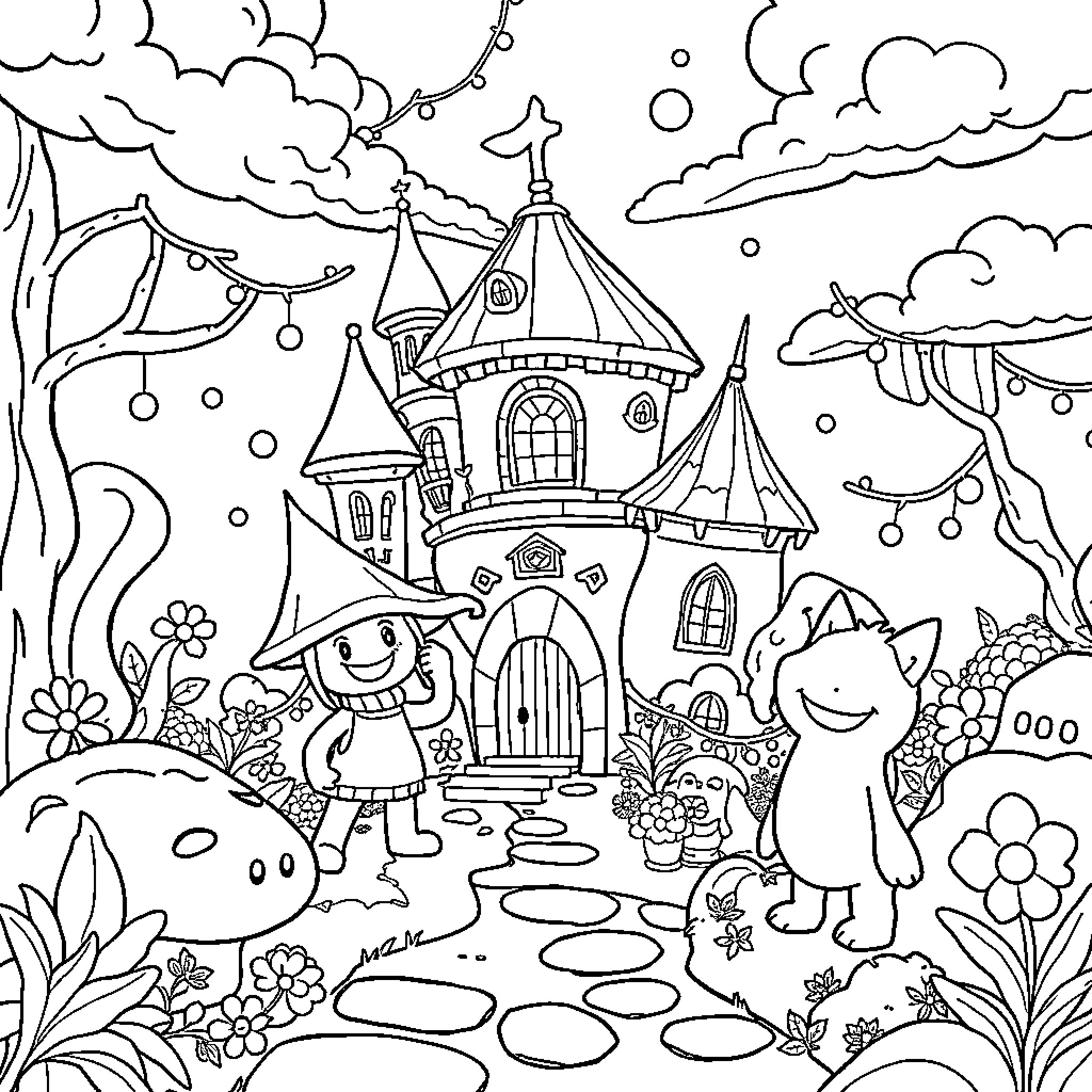 Dandy Creatures Frolicking in a Whimsical Castle Garden Coloring Page (free black-and-white line drawing printable PDF for all, from beginners to advanced learners, including children, teens, adults, and seniors)