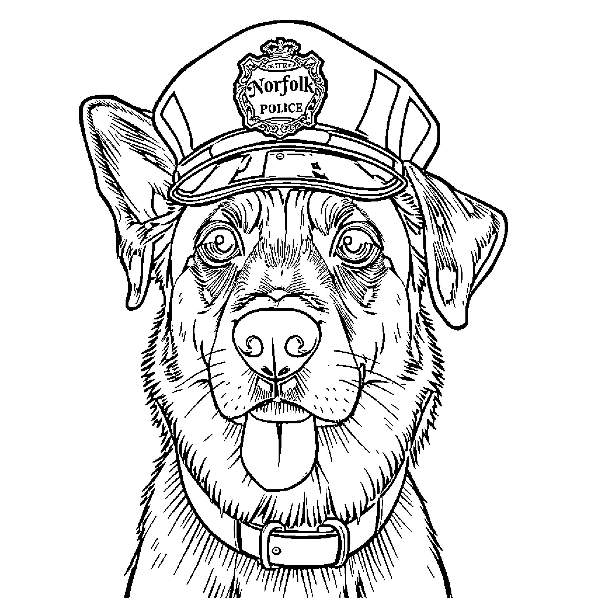 Police Dog in Uniform Serving the Community Coloring Page (free black-and-white line drawing printable PDF for all, from beginners to advanced learners, including children, teens, adults, and seniors)