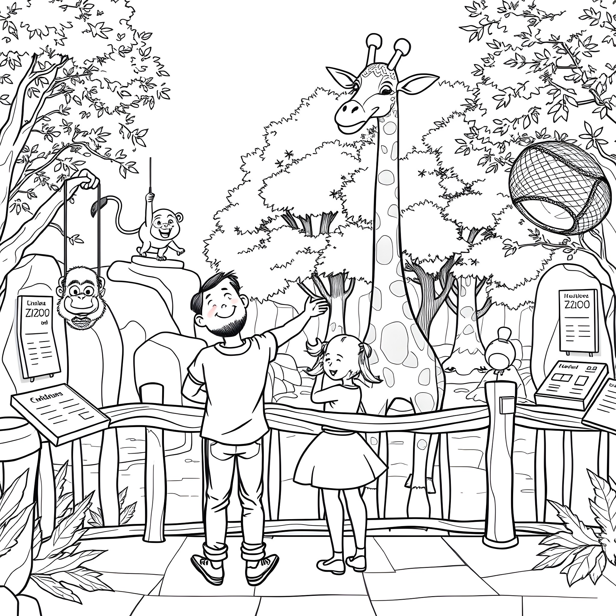 Zoo visit with smiling children and friendly animals Coloring Page (free black-and-white line drawing printable PDF for all, from beginners to advanced learners, including children, teens, adults, and seniors)