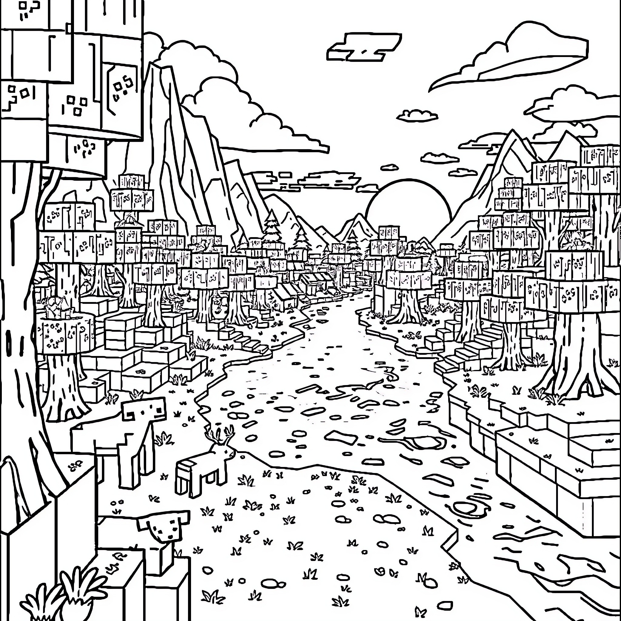 Minecraft Landscape with Intricate Town and Nature Coloring Page (free black-and-white line drawing printable PDF for all, from beginners to advanced learners, including children, teens, adults, and seniors)