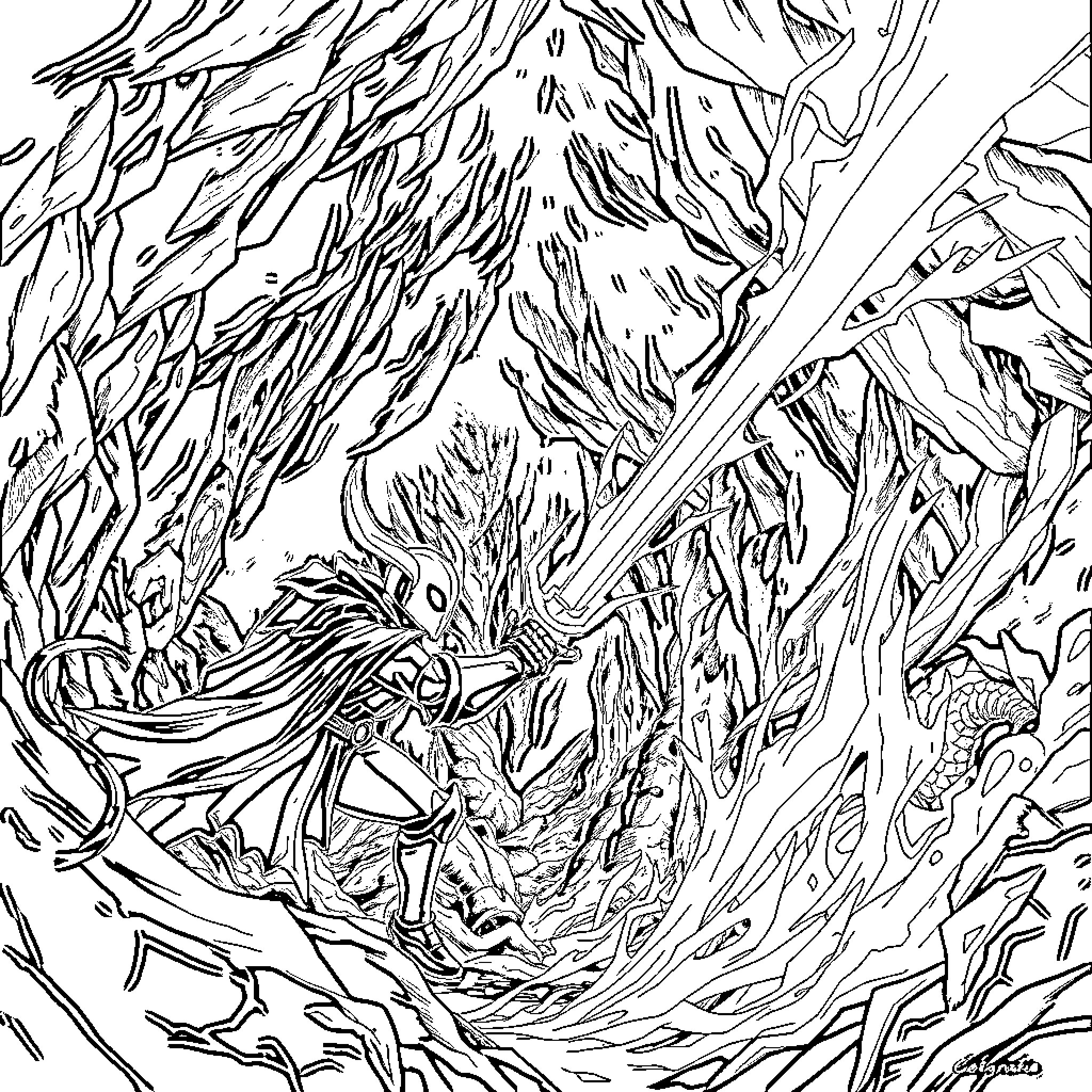 Hollow Knight explores a mysterious underground cavern Coloring Page (free black-and-white line drawing printable PDF for all, from beginners to advanced learners, including children, teens, adults, and seniors)