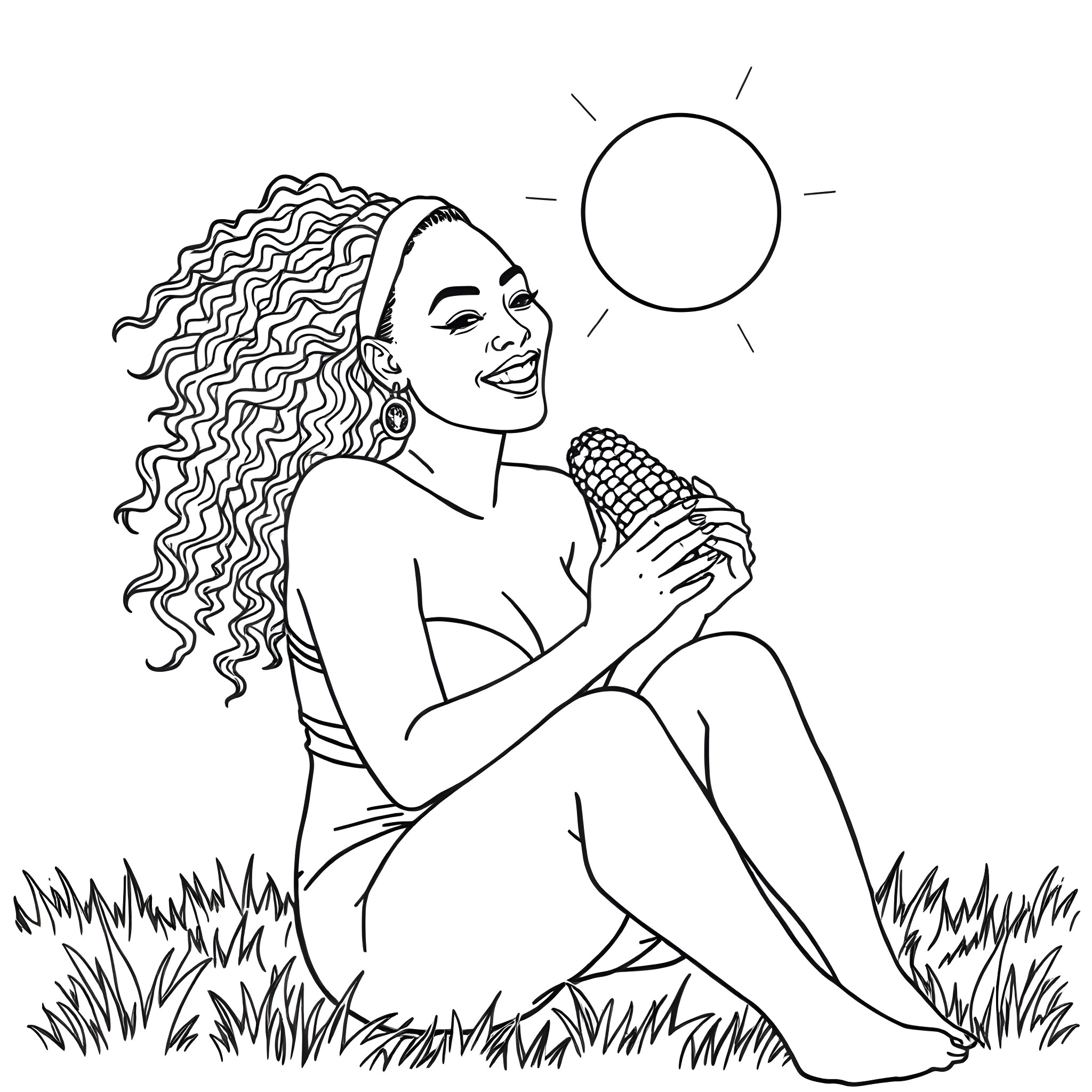 Beyonce enjoying the sun in the grass Coloring Page (free black-and-white line drawing printable PDF for all, from beginners to advanced learners, including children, teens, adults, and seniors)