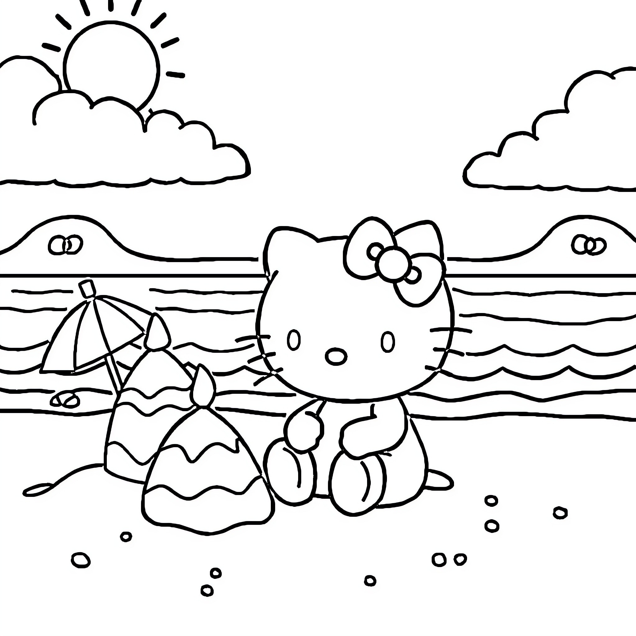 Hello Kitty playing at the beach Coloring Page (free black-and-white line drawing printable PDF for all, from beginners to advanced learners, including children, teens, adults, and seniors)
