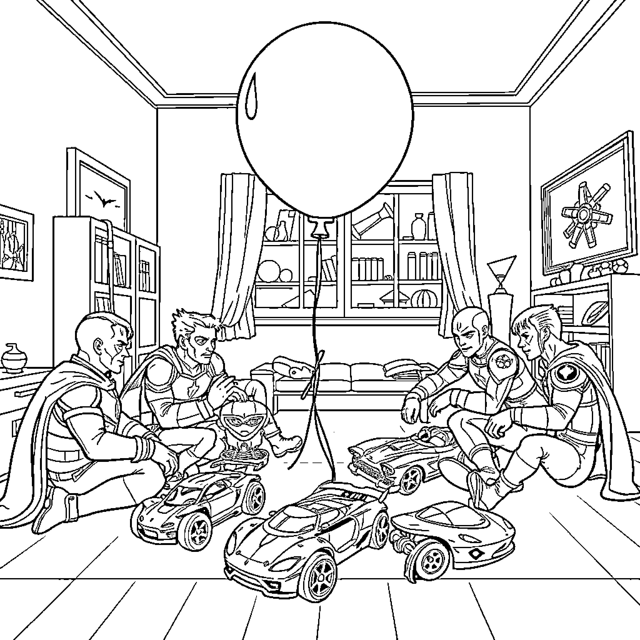 Avengers Assemble for an Epic Gaming Session Coloring Page (free black-and-white line drawing printable PDF for all, from beginners to advanced learners, including children, teens, adults, and seniors)
