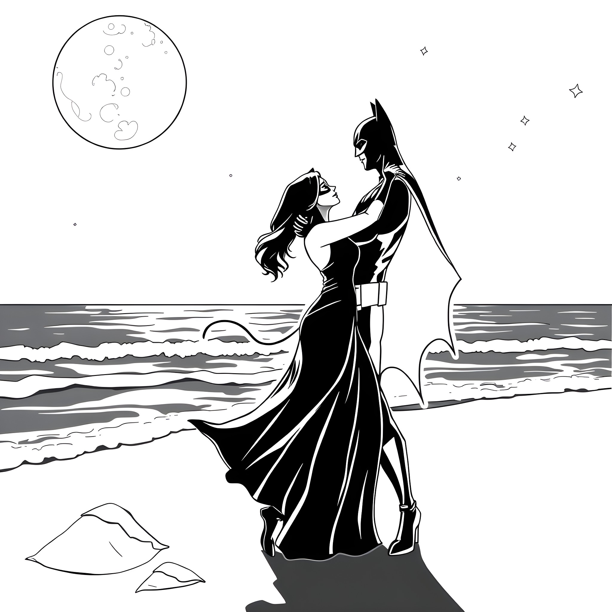Batman and Catwoman dancing under the moonlight Coloring Page (free black-and-white line drawing printable PDF for all, from beginners to advanced learners, including children, teens, adults, and seniors)