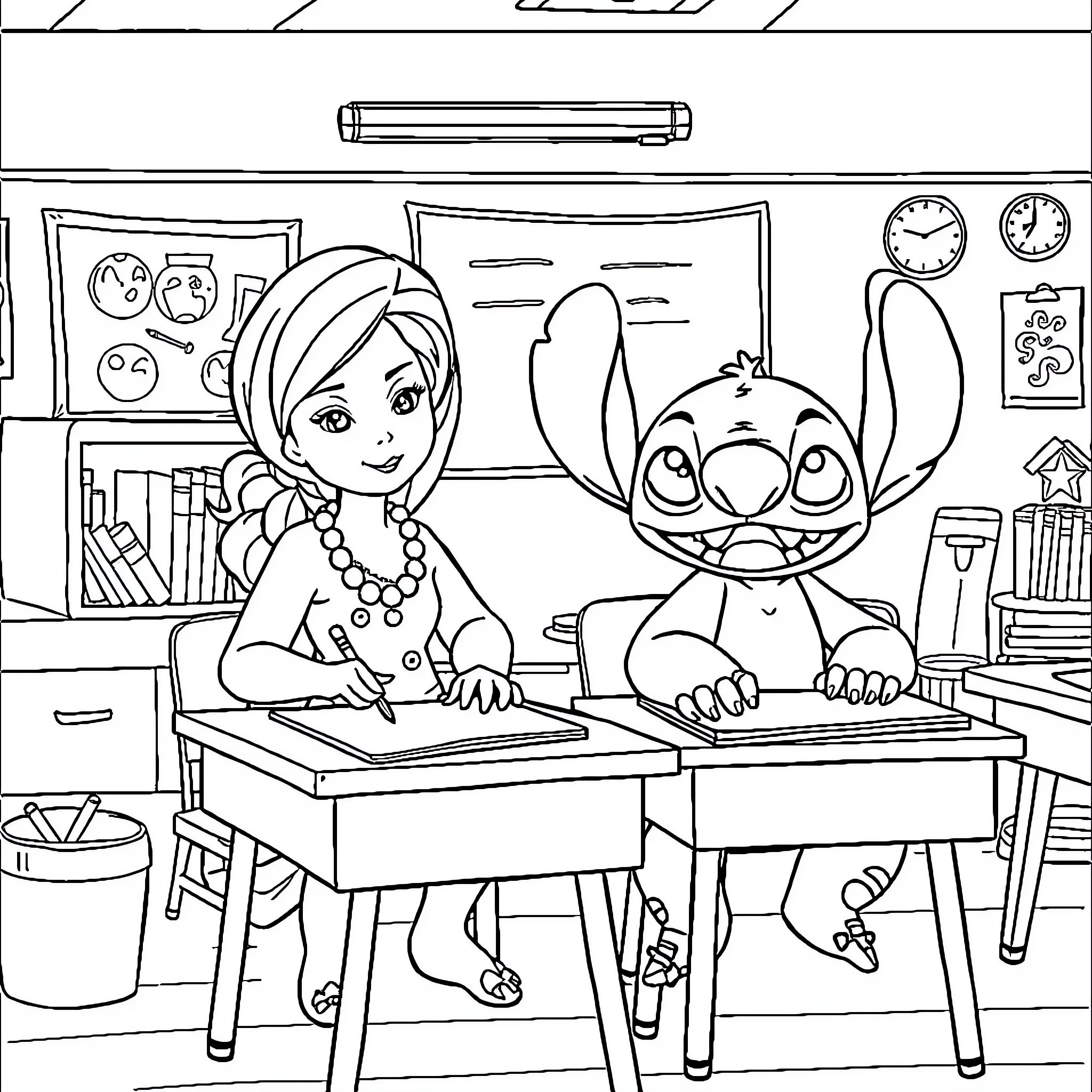Lilo and Stitch Coloring Time at Home Coloring Page (free black-and-white line drawing printable PDF for all, from beginners to advanced learners, including children, teens, adults, and seniors)
