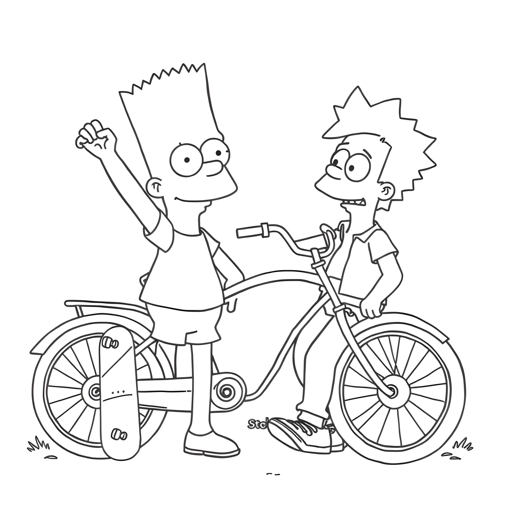 Bart Simpson and Milhouse ride bicycles together Coloring Page (free black-and-white line drawing printable PDF for all, from beginners to advanced learners, including children, teens, adults, and seniors)
