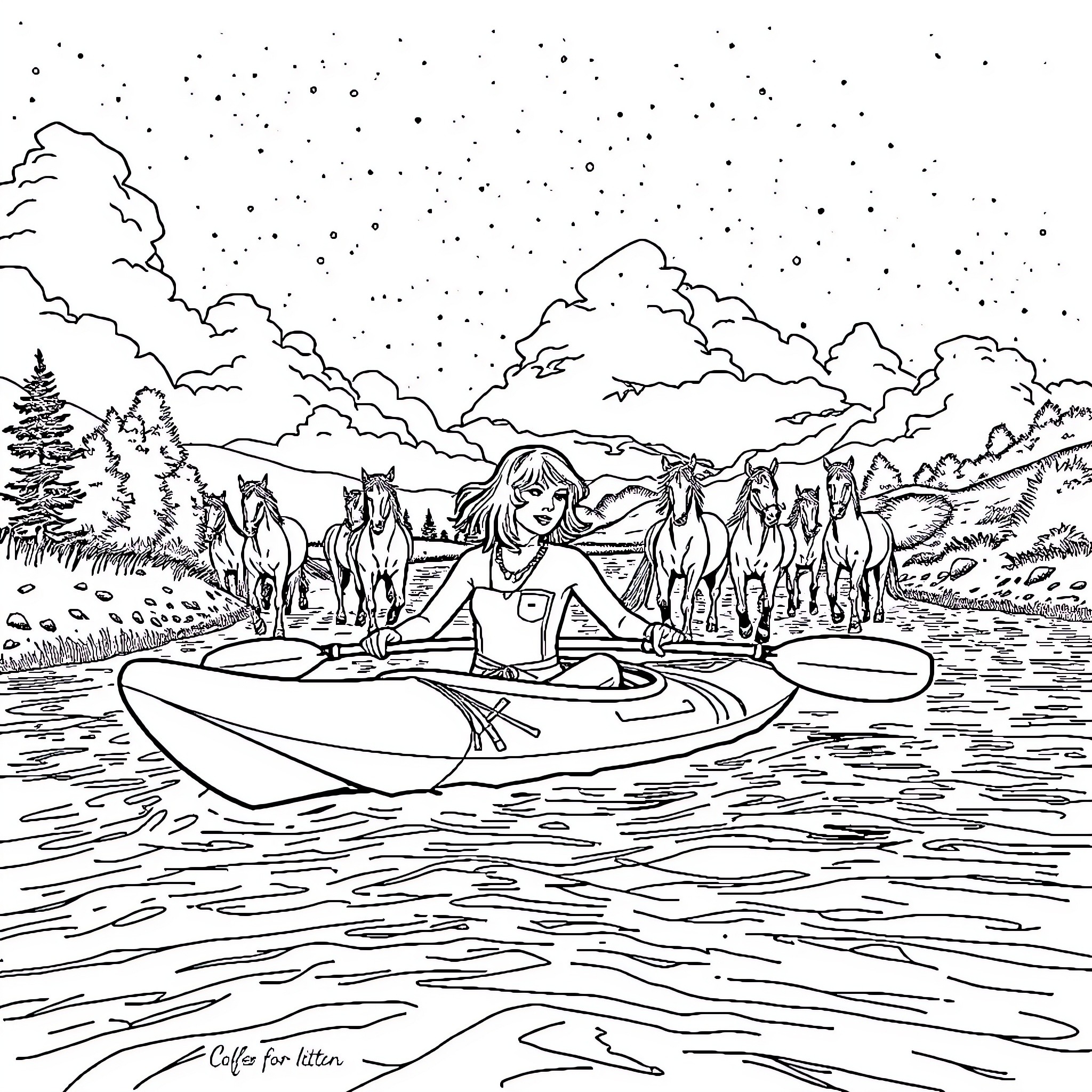 Taylor Swift enjoying a peaceful kayak ride in nature Coloring Page (free black-and-white line drawing printable PDF for all, from beginners to advanced learners, including children, teens, adults, and seniors)
