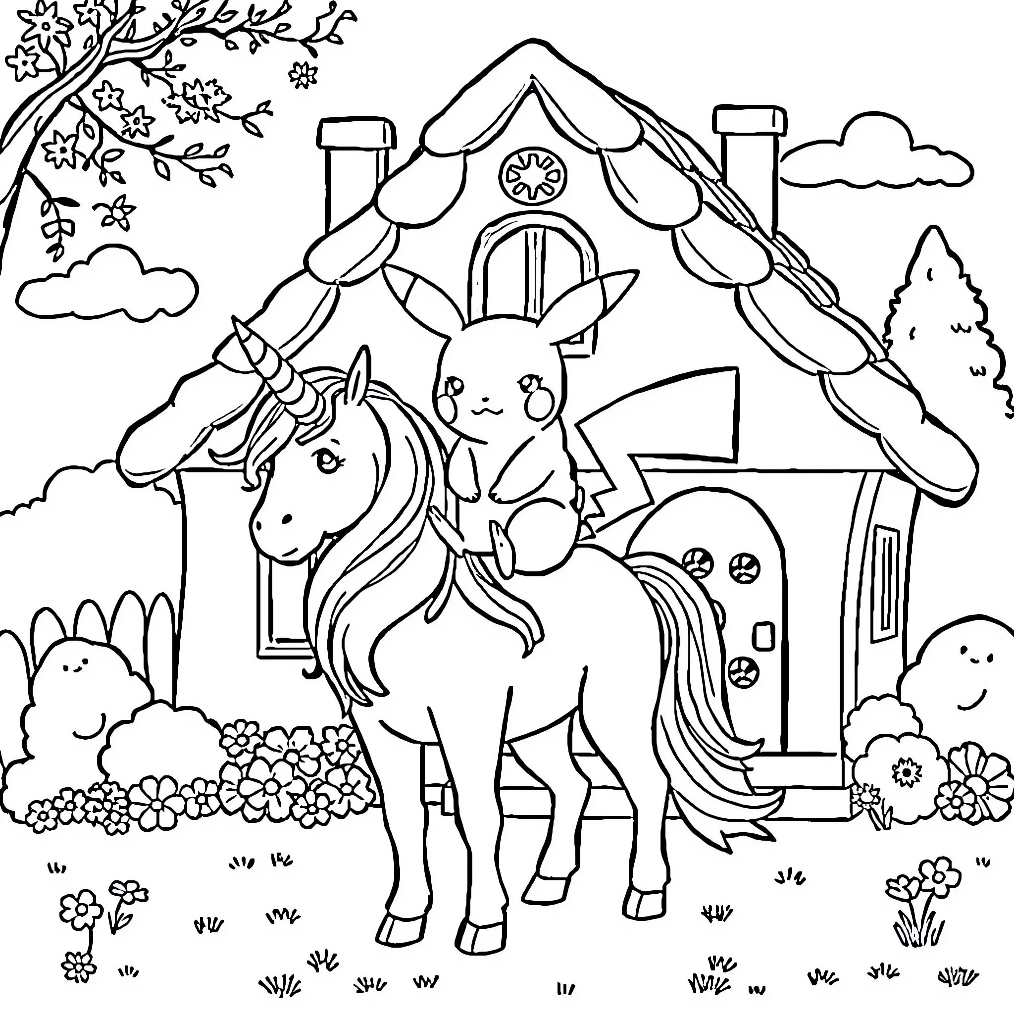 Pikachu and the Magical Pony Adventure Coloring Page (free black-and-white line drawing printable PDF for all, from beginners to advanced learners, including children, teens, adults, and seniors)