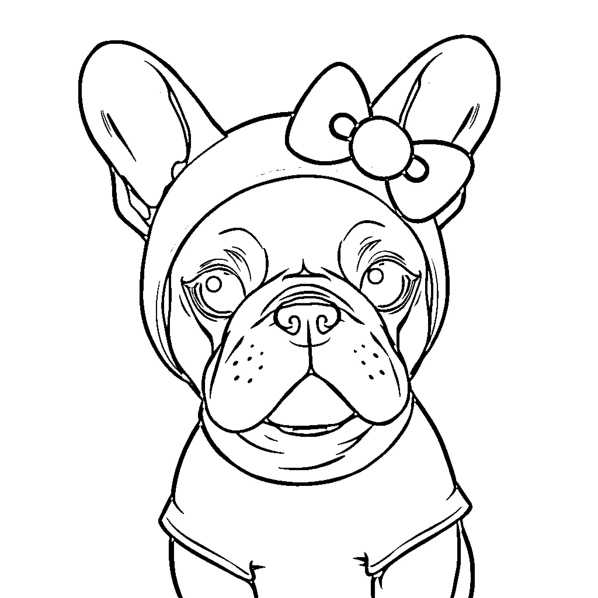 Bulldog wearing a bow tie and smiling Coloring Page (free black-and-white line drawing printable PDF for all, from beginners to advanced learners, including children, teens, adults, and seniors)