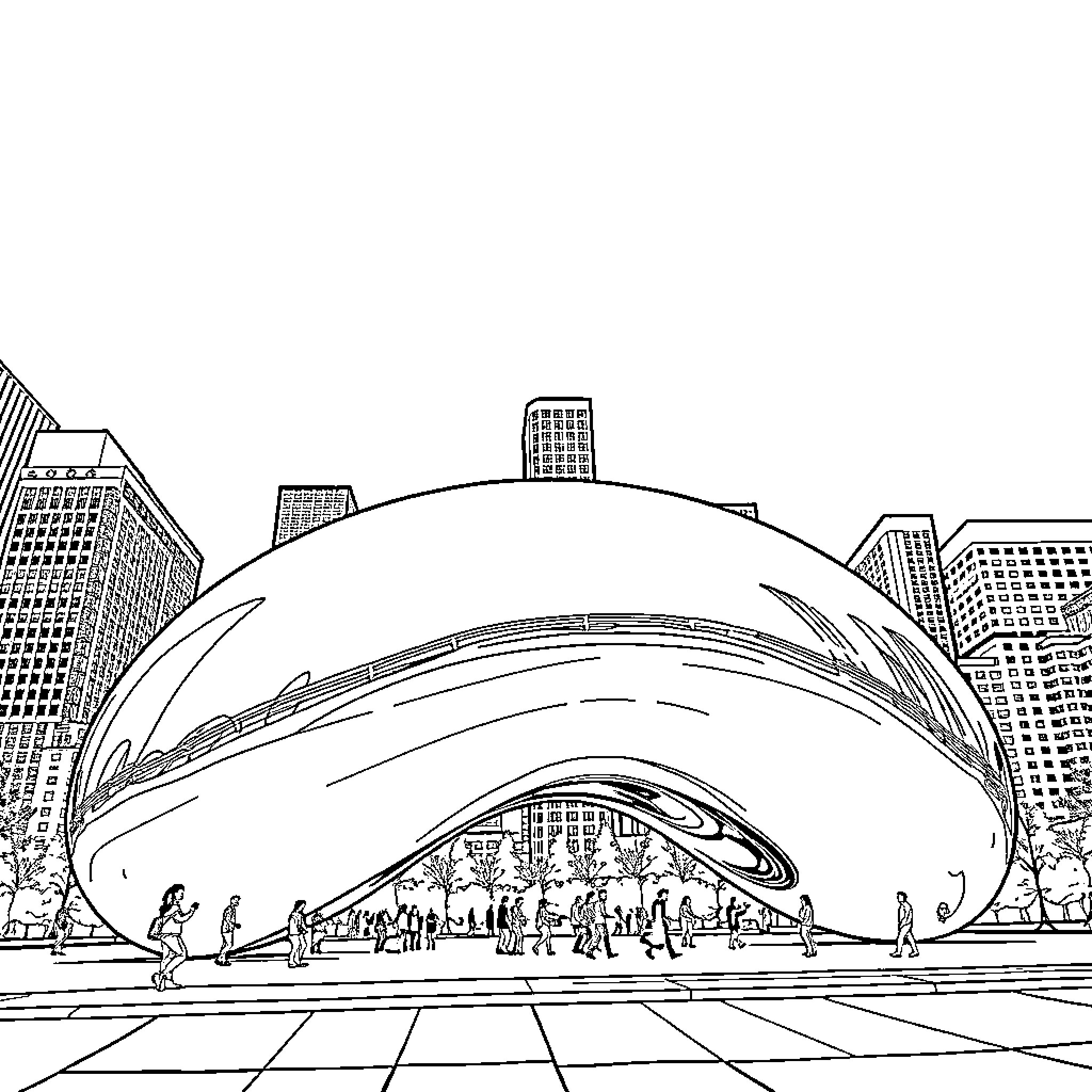 Cloud of people enjoying the city's architectural marvel Coloring Page (free black-and-white line drawing printable PDF for all, from beginners to advanced learners, including children, teens, adults, and seniors)
