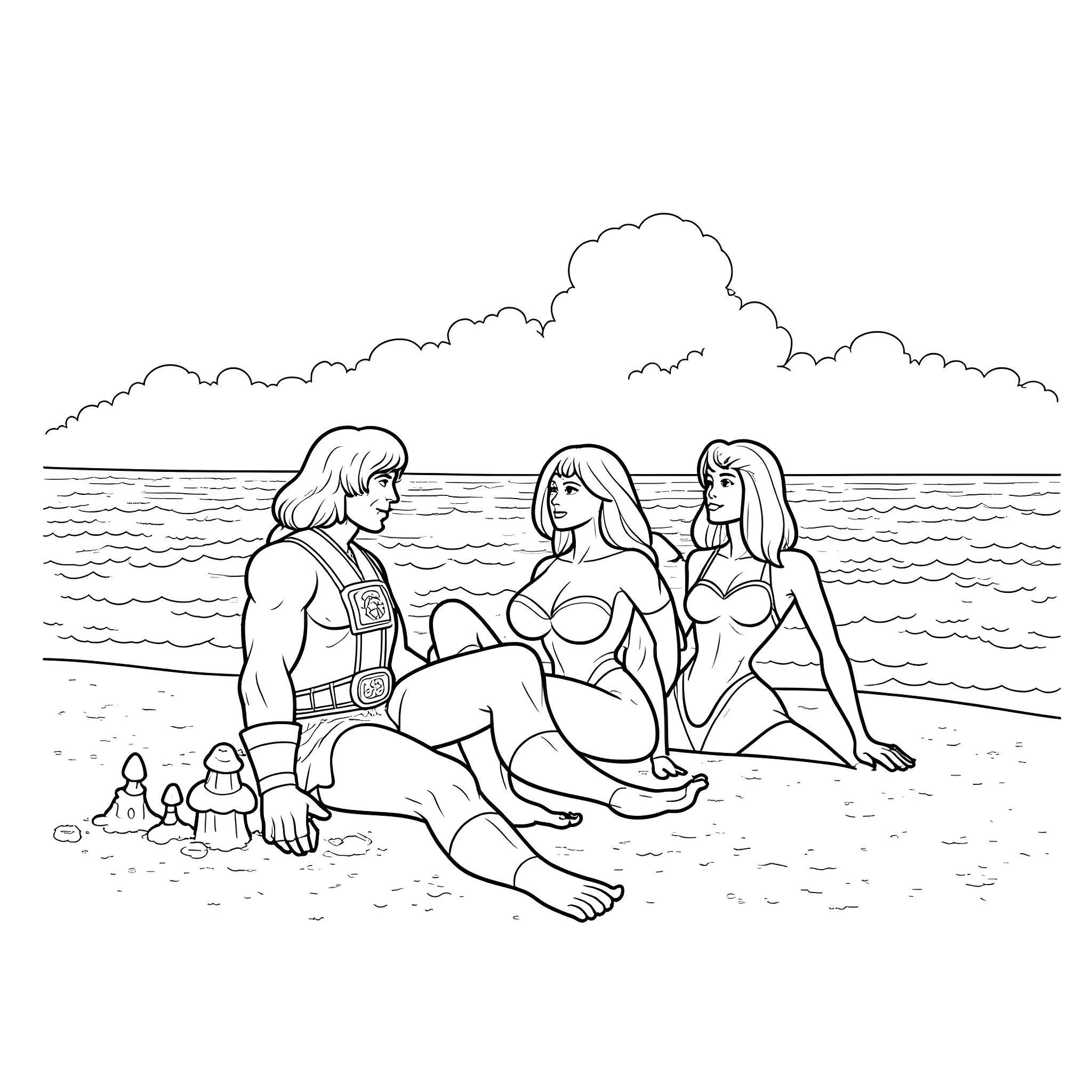 He-Man and companions in a tranquil coastal scene Coloring Page (free black-and-white line drawing printable PDF for all, from beginners to advanced learners, including children, teens, adults, and seniors)
