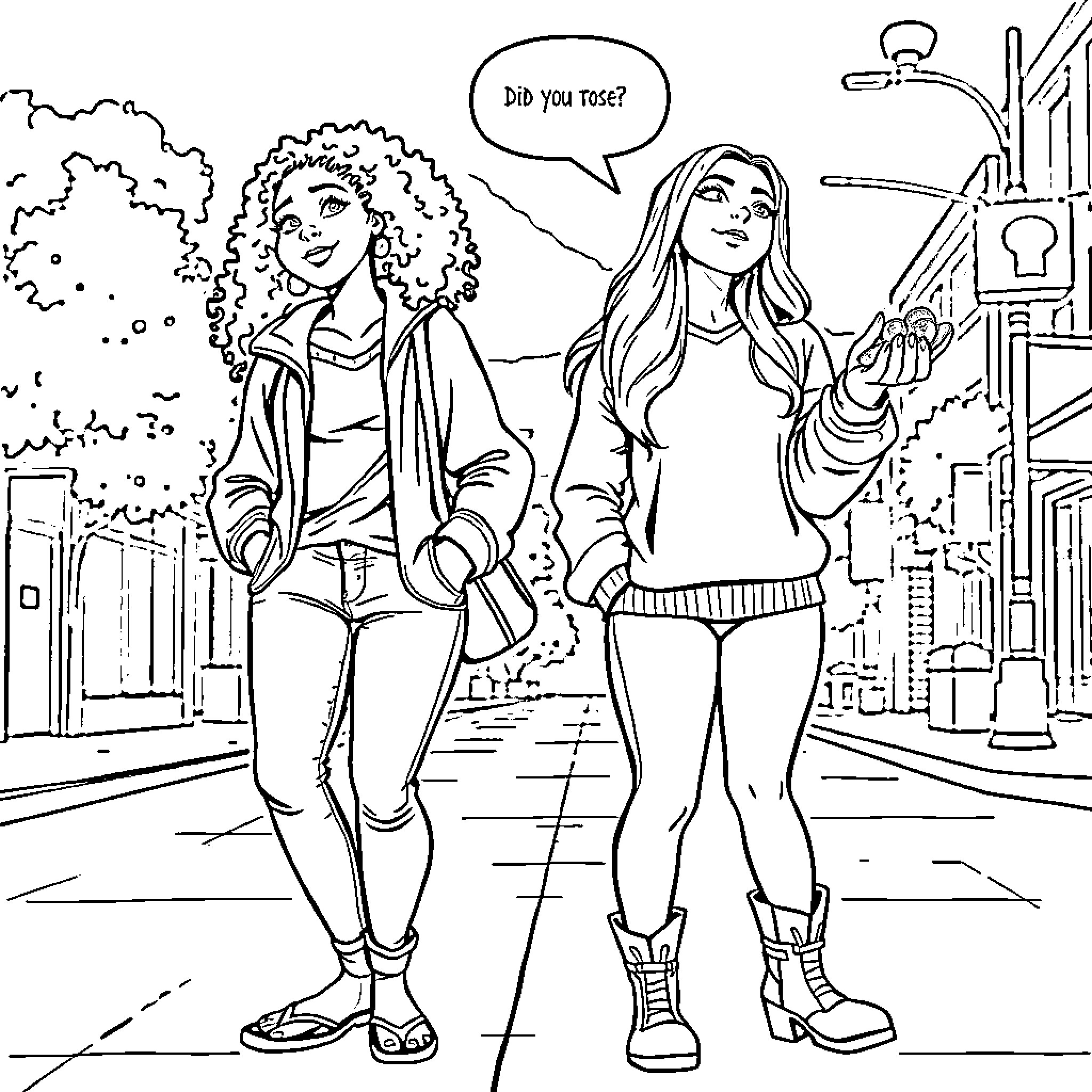 Woman in Casual Conversation on City Street Coloring Page (free black-and-white line drawing printable PDF for all, from beginners to advanced learners, including children, teens, adults, and seniors)