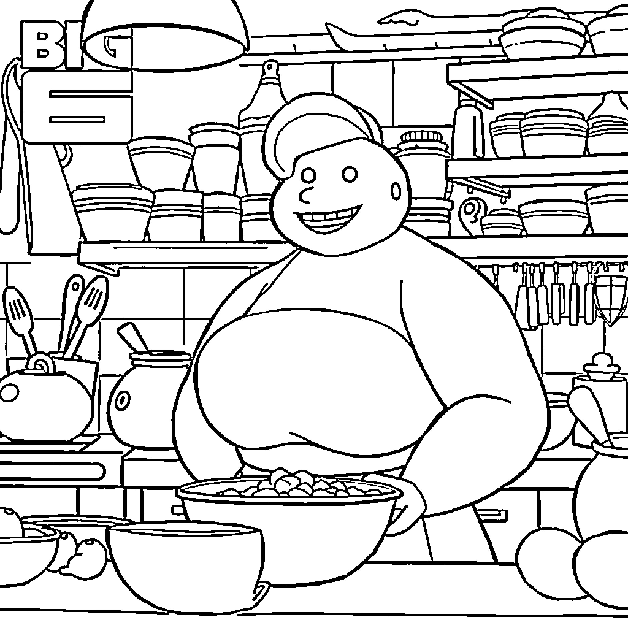 Aunt Cass cooking in her vibrant kitchen Coloring Page (free black-and-white line drawing printable PDF for all, from beginners to advanced learners, including children, teens, adults, and seniors)