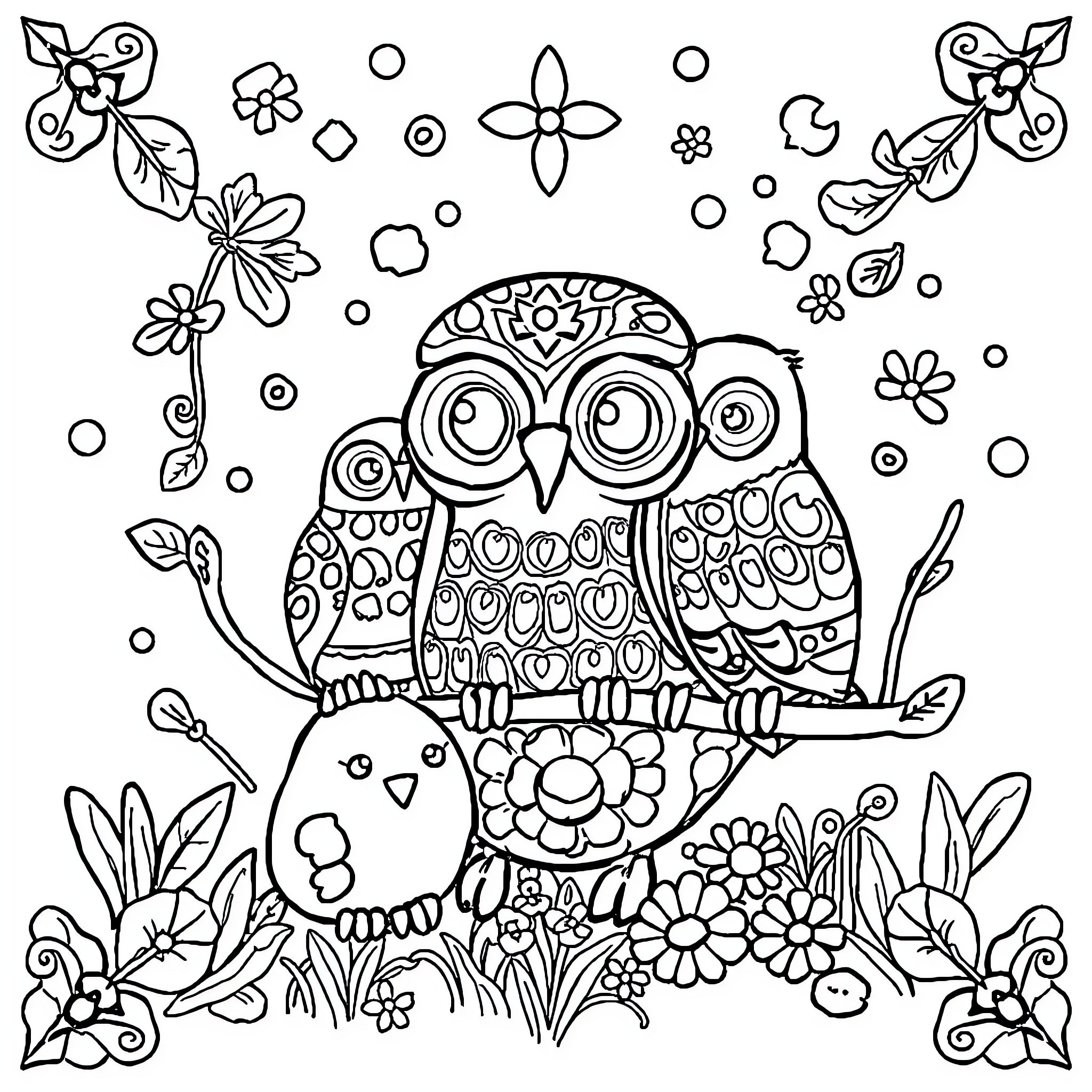 Bear with Floral Patterns and Whimsical Owl Coloring Page (free black-and-white line drawing printable PDF for all, from beginners to advanced learners, including children, teens, adults, and seniors)