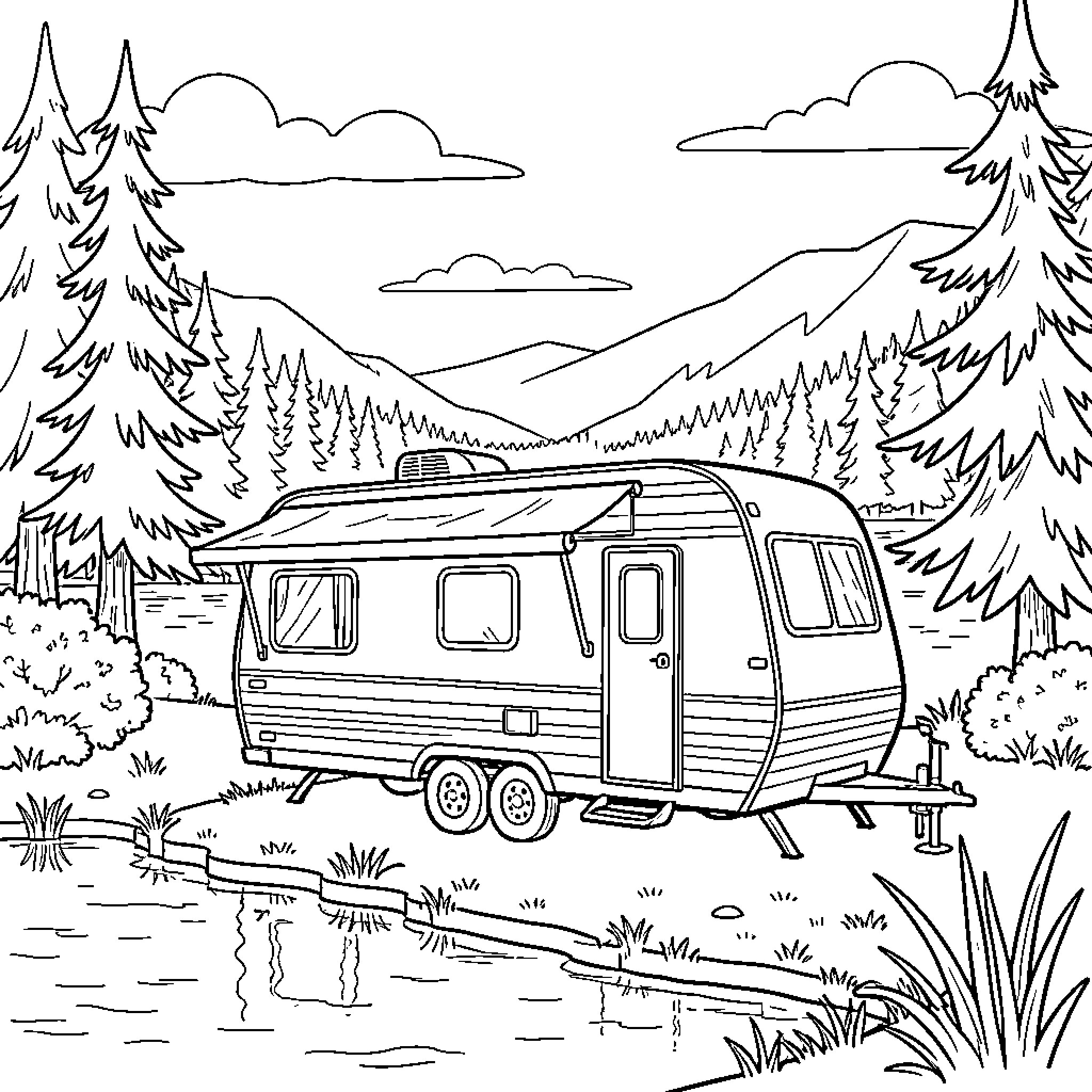 Travel Trailer Parked in Scenic Nature Landscape Coloring Page (free black-and-white line drawing printable PDF for all, from beginners to advanced learners, including children, teens, adults, and seniors)