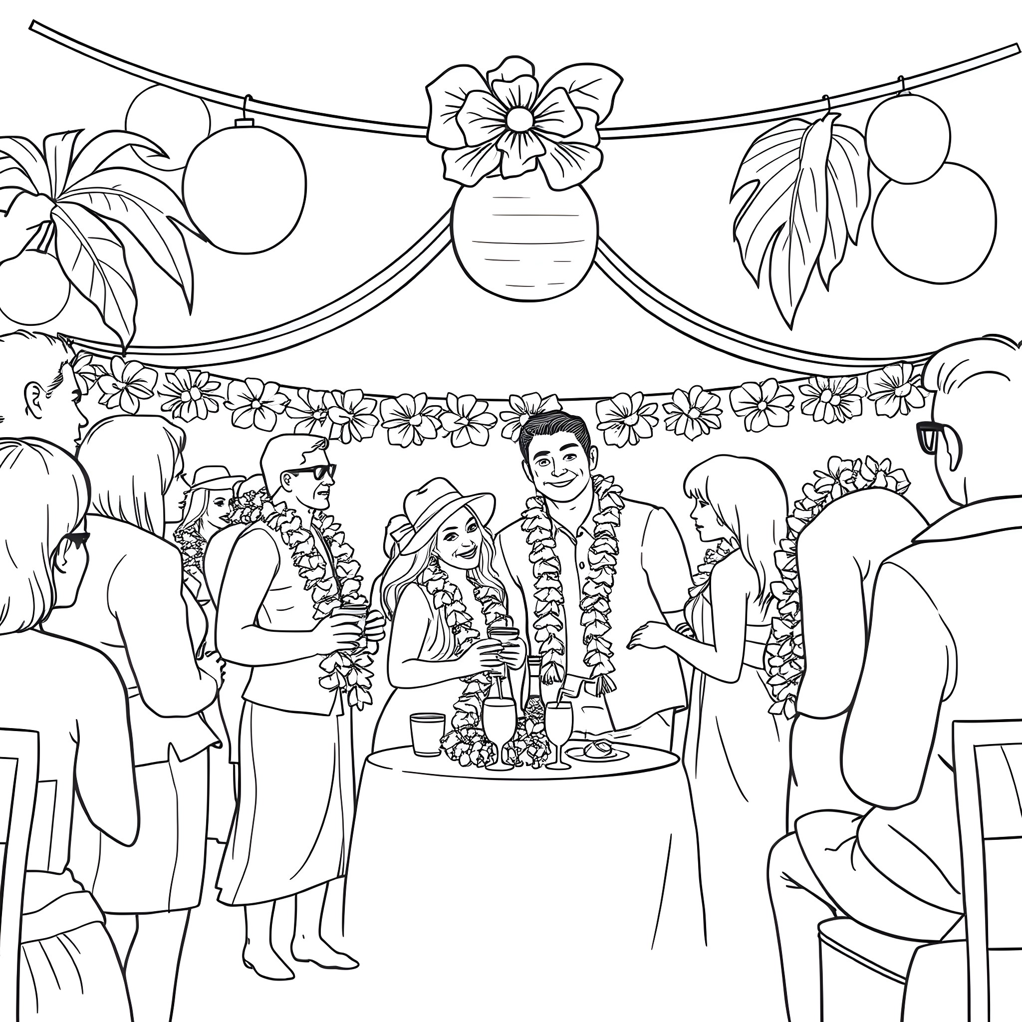 Hawaiian Party with Festive Decorations and Joyful Celebration Coloring Page (free black-and-white line drawing printable PDF for all, from beginners to advanced learners, including children, teens, adults, and seniors)