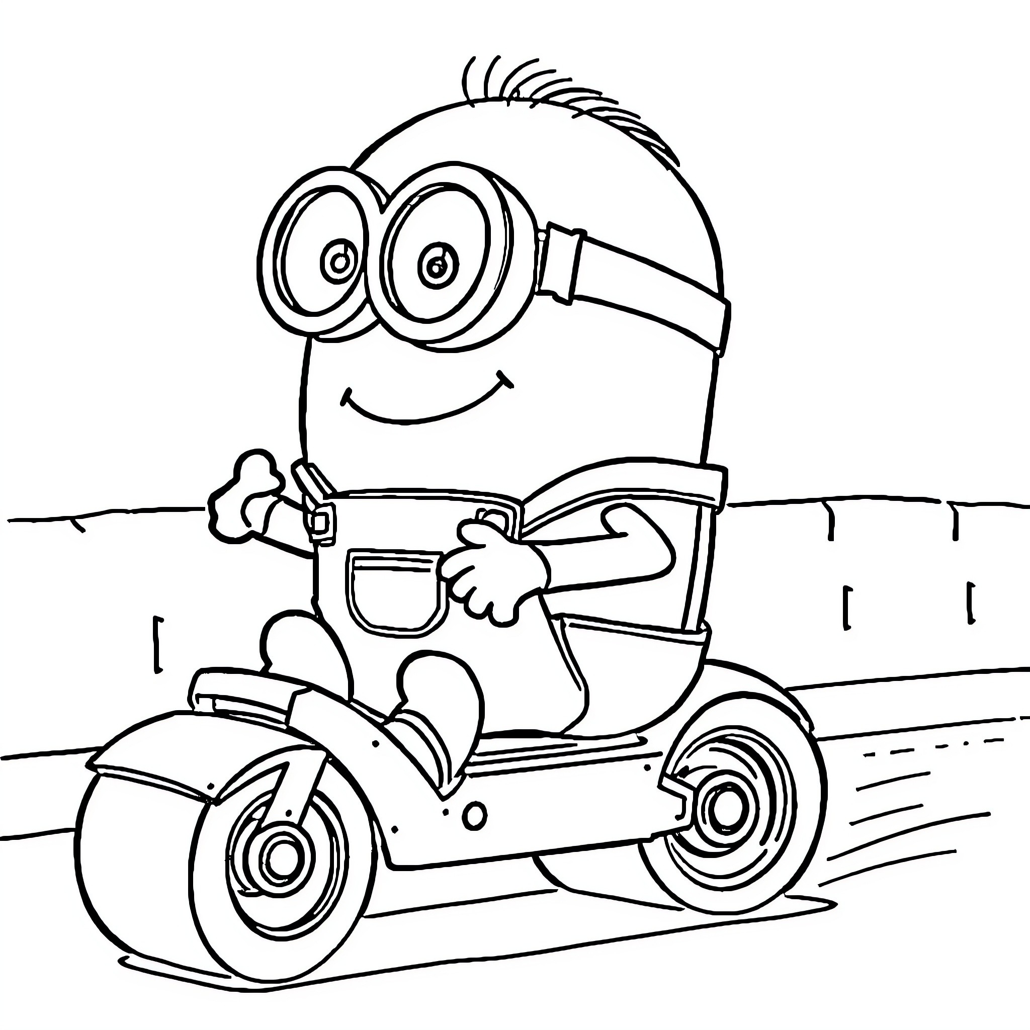 Minion driving a fun scooter with excitement Coloring Page (free black-and-white line drawing printable PDF for all, from beginners to advanced learners, including children, teens, adults, and seniors)