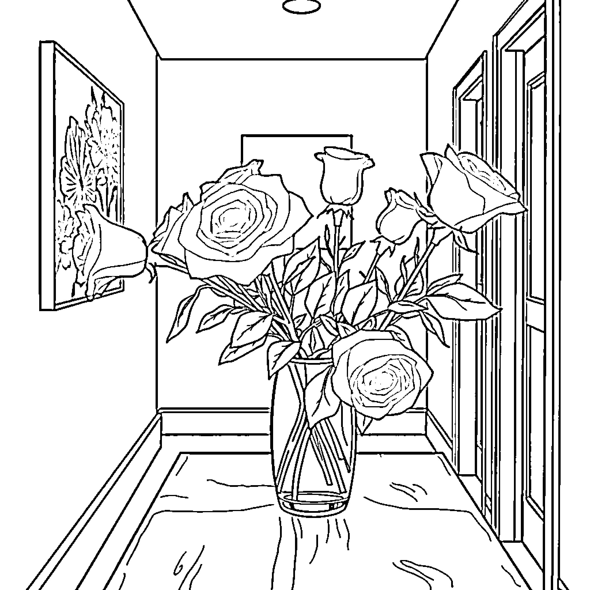 Rose Bouquet in Vase on Hallway Table Coloring Page (free black-and-white line drawing printable PDF for all, from beginners to advanced learners, including children, teens, adults, and seniors)