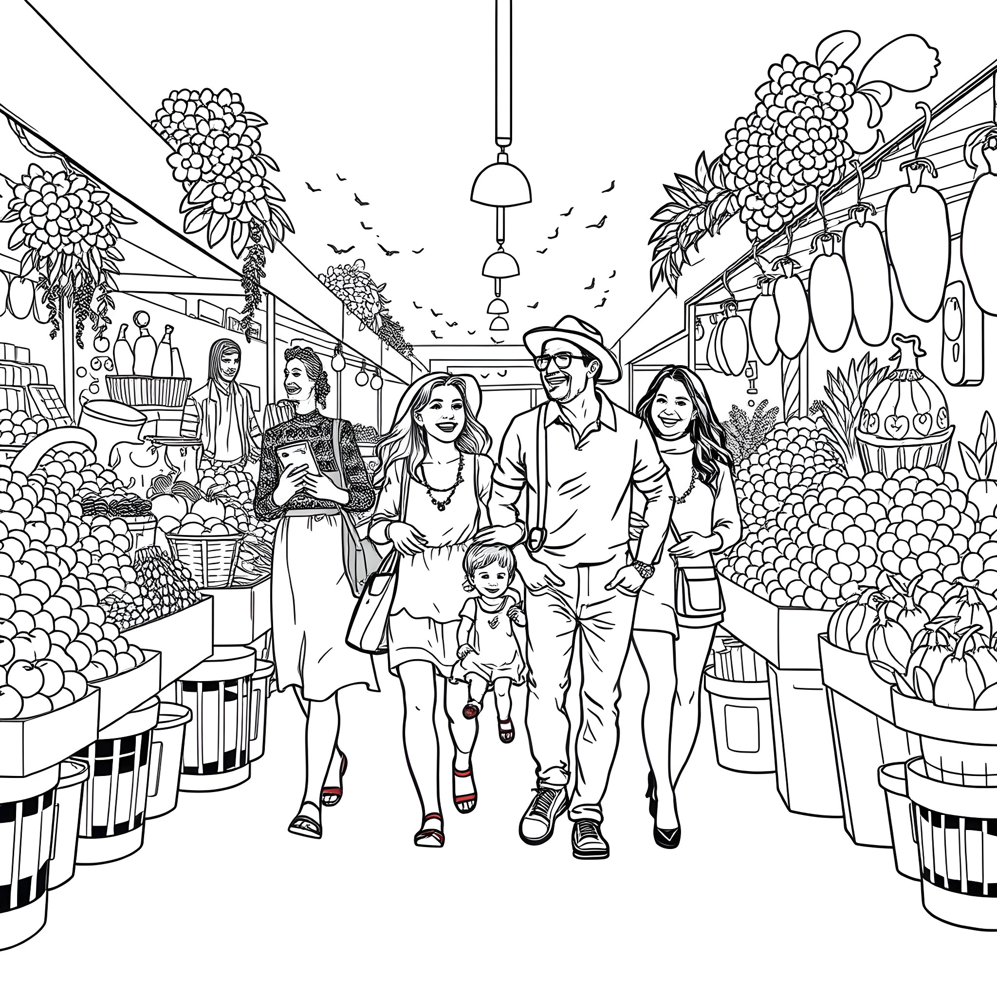 Family outing at the bustling outdoor market Coloring Page (free black-and-white line drawing printable PDF for all, from beginners to advanced learners, including children, teens, adults, and seniors)