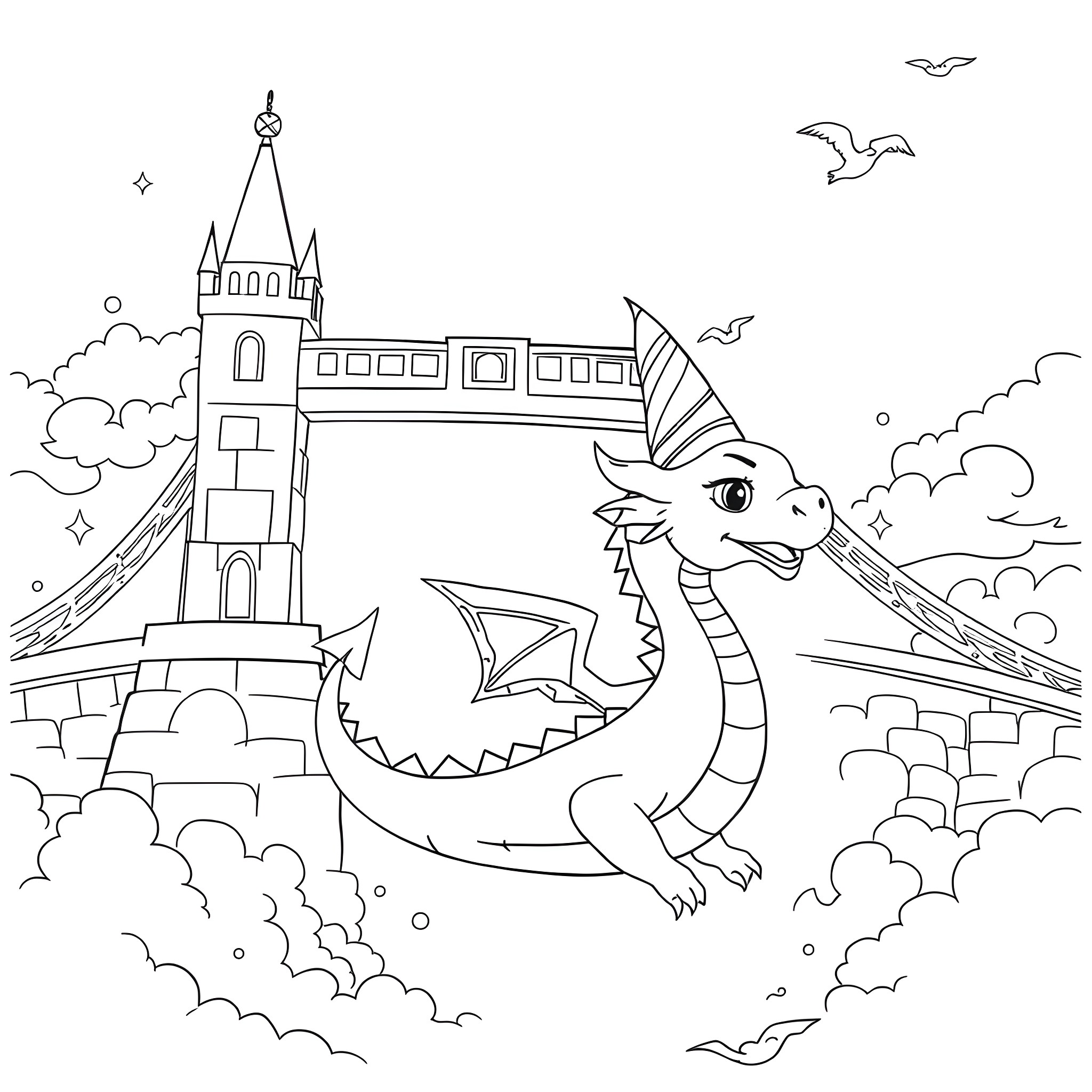 Dragon flying near a castle in the clouds Coloring Page (free black-and-white line drawing printable PDF for all, from beginners to advanced learners, including children, teens, adults, and seniors)