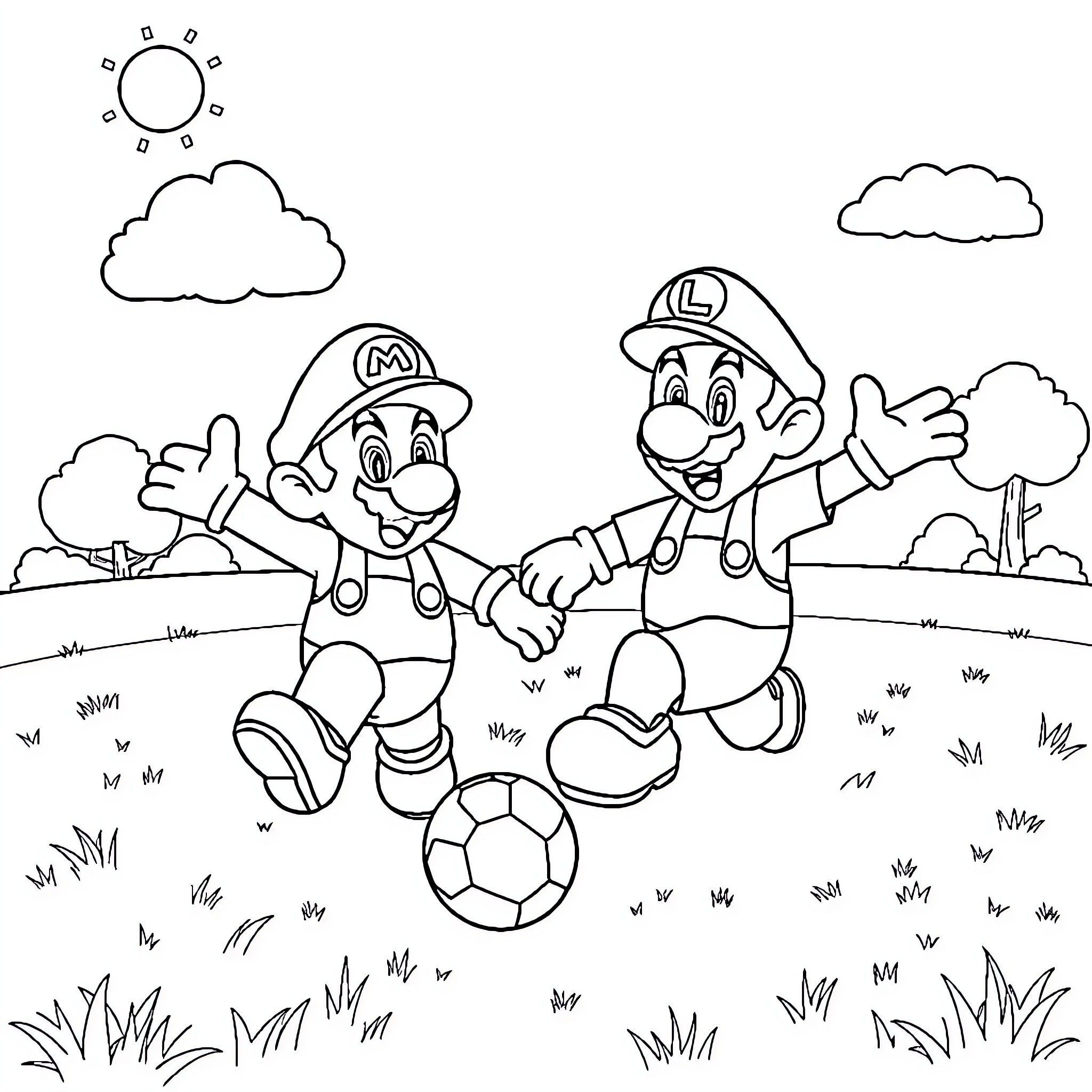 Mario playing soccer in the countryside Coloring Page (free black-and-white line drawing printable PDF for all, from beginners to advanced learners, including children, teens, adults, and seniors)
