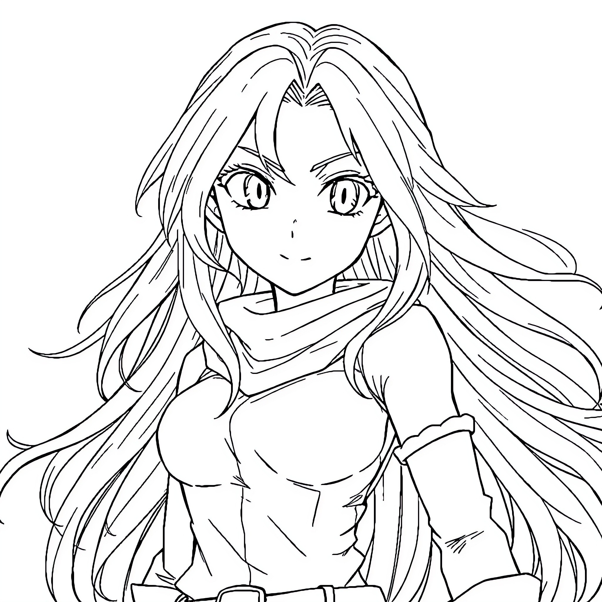 Anime Character with long flowing hair and focused expression Coloring Page (free black-and-white line drawing printable PDF for all, from beginners to advanced learners, including children, teens, adults, and seniors)