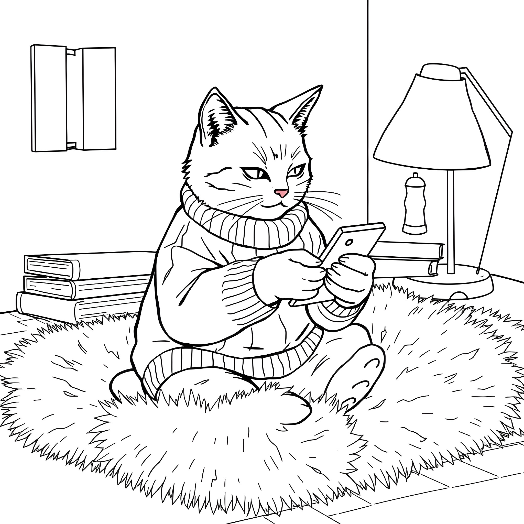Cat relaxing and using digital device on cozy rug Coloring Page (free black-and-white line drawing printable PDF for all, from beginners to advanced learners, including children, teens, adults, and seniors)