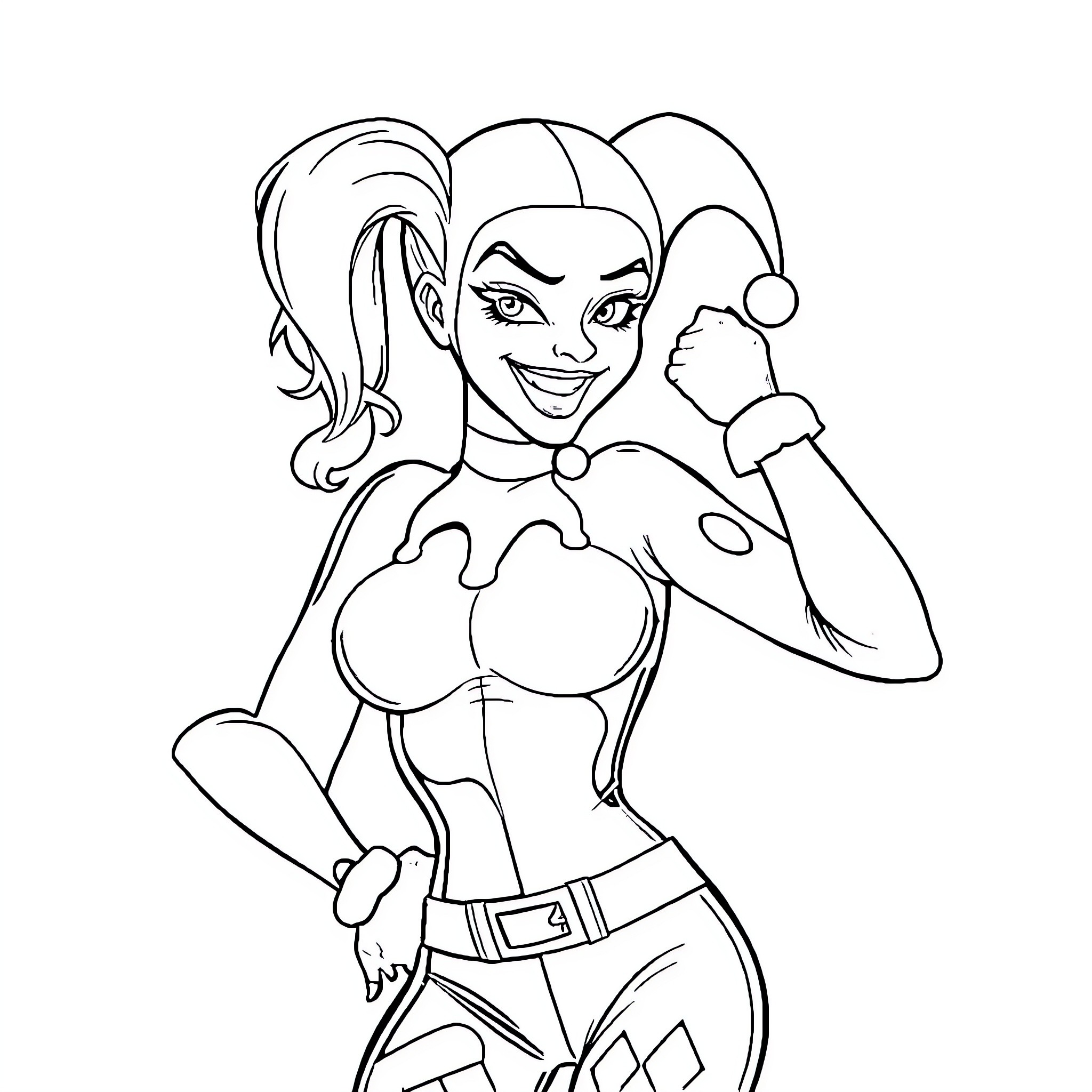 Harley Quinn in Action Pose Coloring Page (free black-and-white line drawing printable PDF for all, from beginners to advanced learners, including children, teens, adults, and seniors)