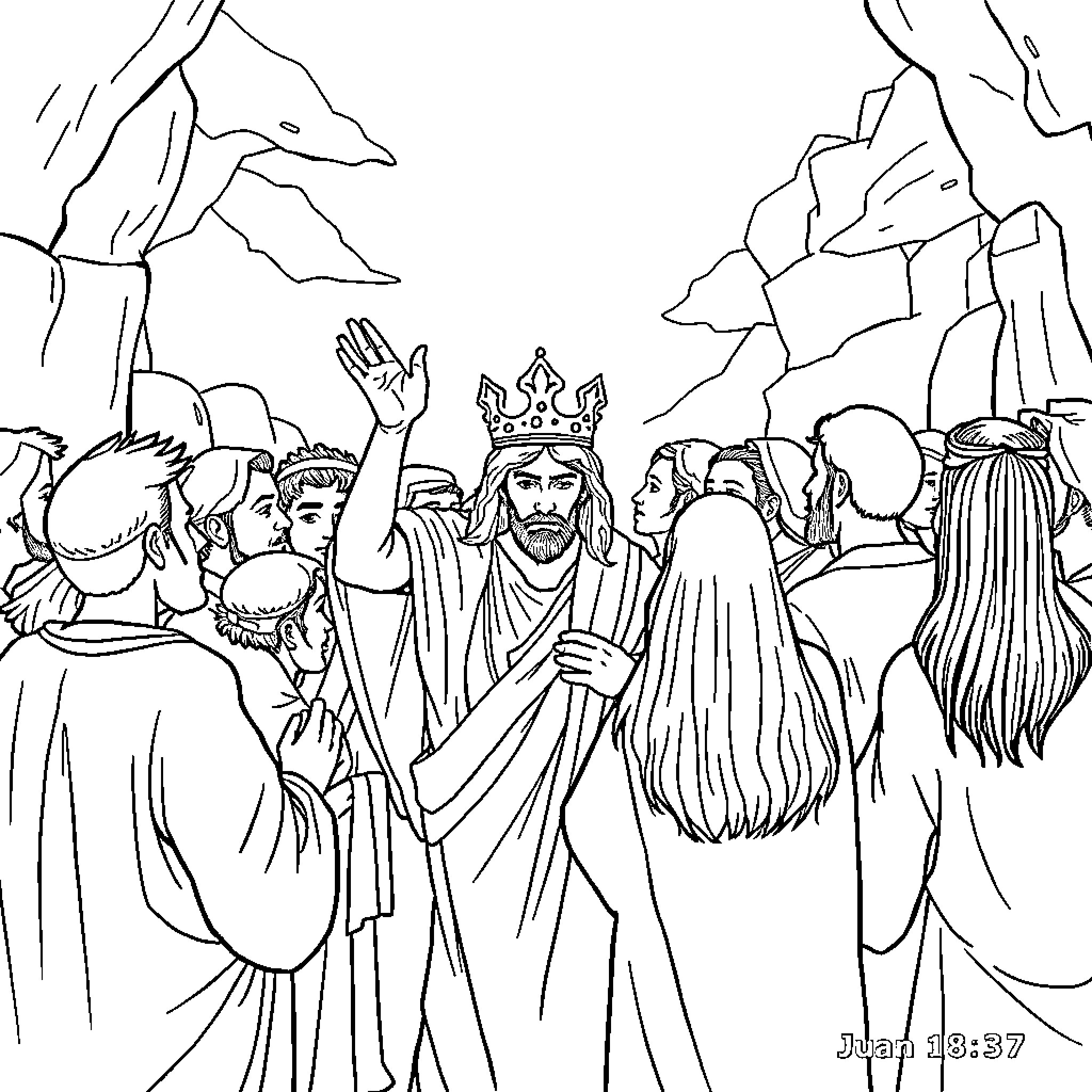 Jesus Embracing His Followers in the Wilderness Coloring Page (free black-and-white line drawing printable PDF for all, from beginners to advanced learners, including children, teens, adults, and seniors)