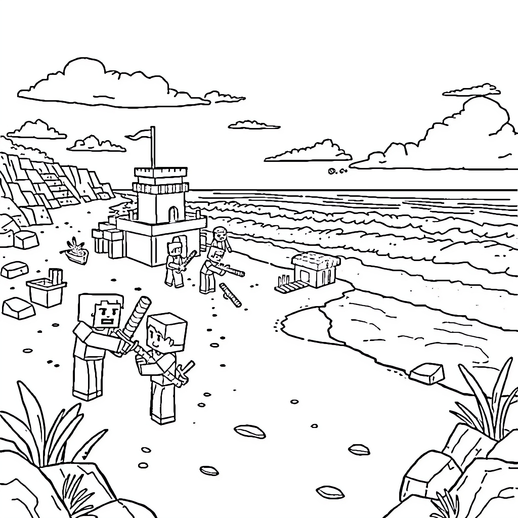 Minecraft characters exploring coastal landscape Coloring Page (free black-and-white line drawing printable PDF for all, from beginners to advanced learners, including children, teens, adults, and seniors)