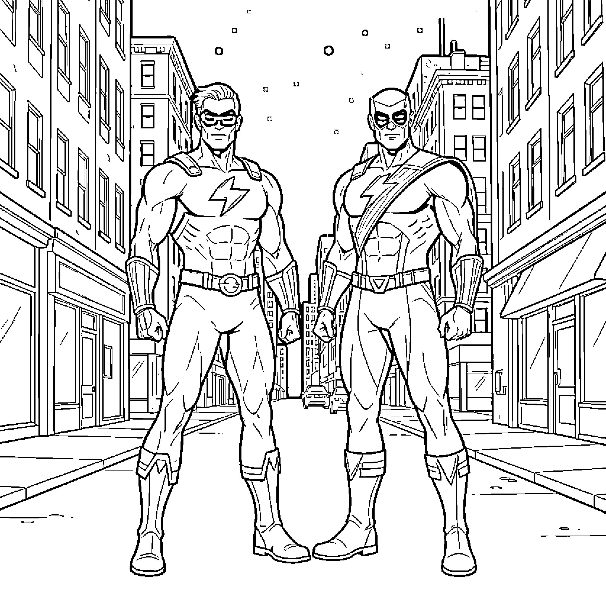 Flash and Green Arrow standing side by side in a city street Coloring Page (free black-and-white line drawing printable PDF for all, from beginners to advanced learners, including children, teens, adults, and seniors)