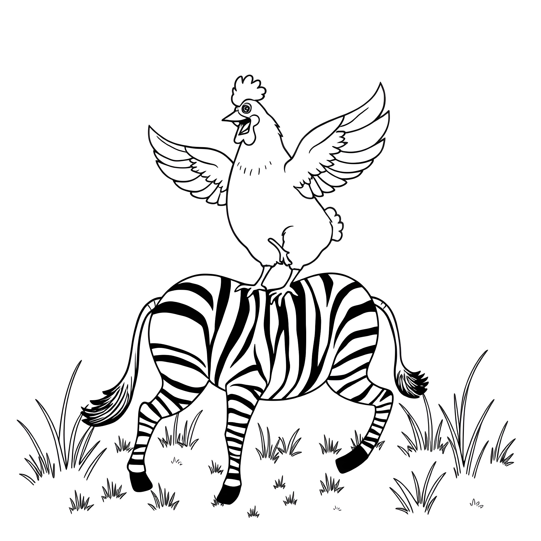 Chicken riding a Zebra in the wild Coloring Page (free black-and-white line drawing printable PDF for all, from beginners to advanced learners, including children, teens, adults, and seniors)