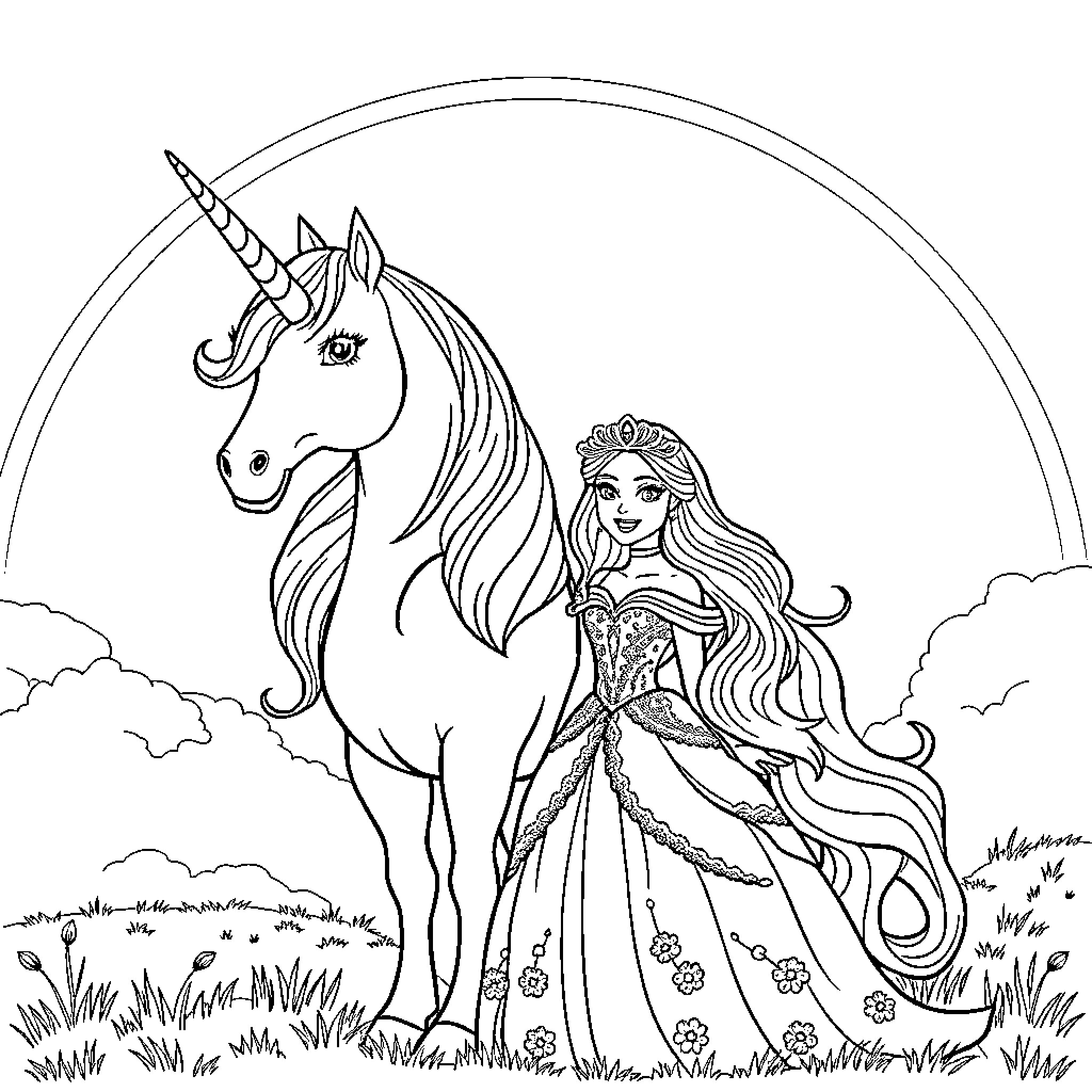 Princess admiring the majestic unicorn in the meadow Coloring Page (free black-and-white line drawing printable PDF for all, from beginners to advanced learners, including children, teens, adults, and seniors)