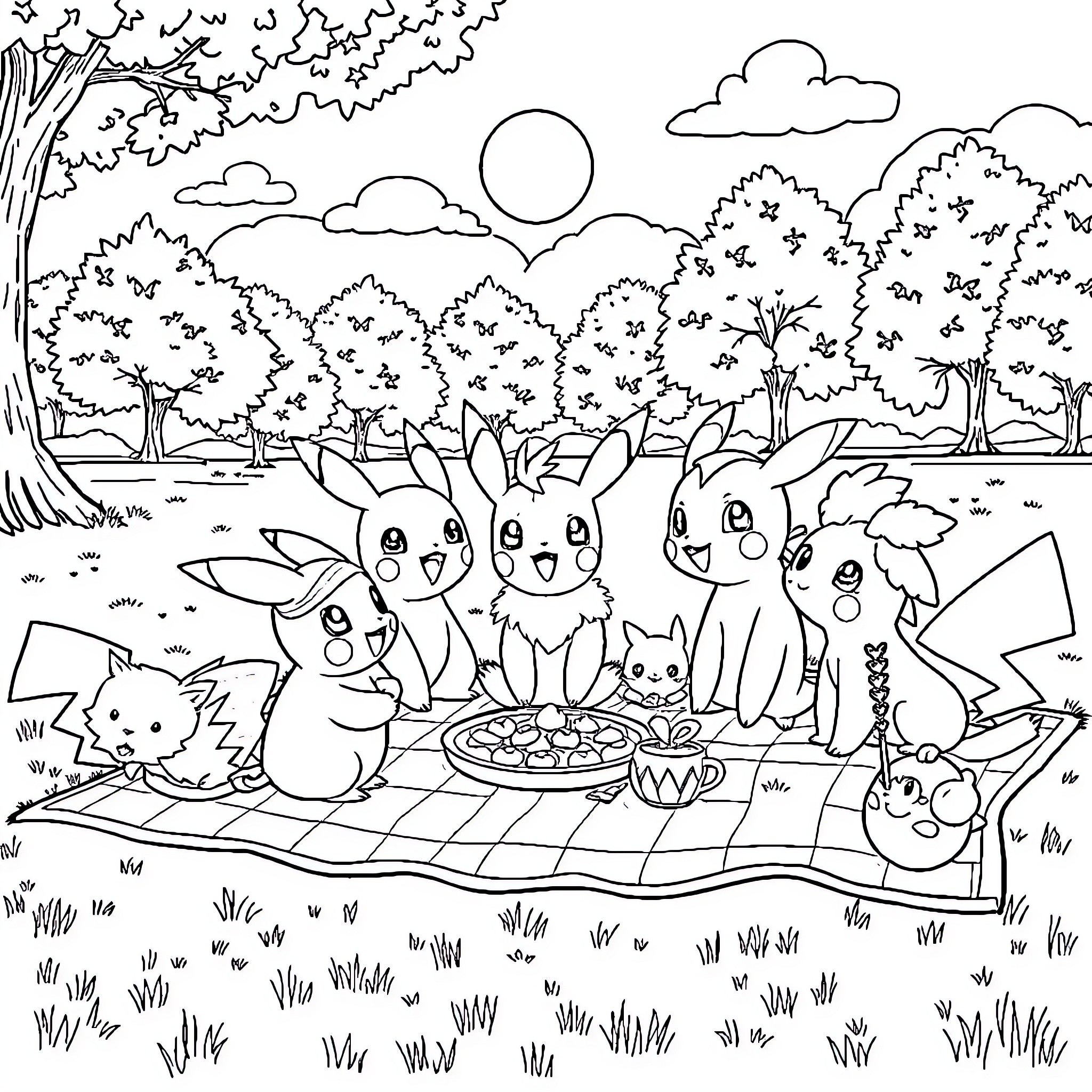 Pokémon Enjoying a Picnic in the Scenic Outdoors Coloring Page (free black-and-white line drawing printable PDF for all, from beginners to advanced learners, including children, teens, adults, and seniors)