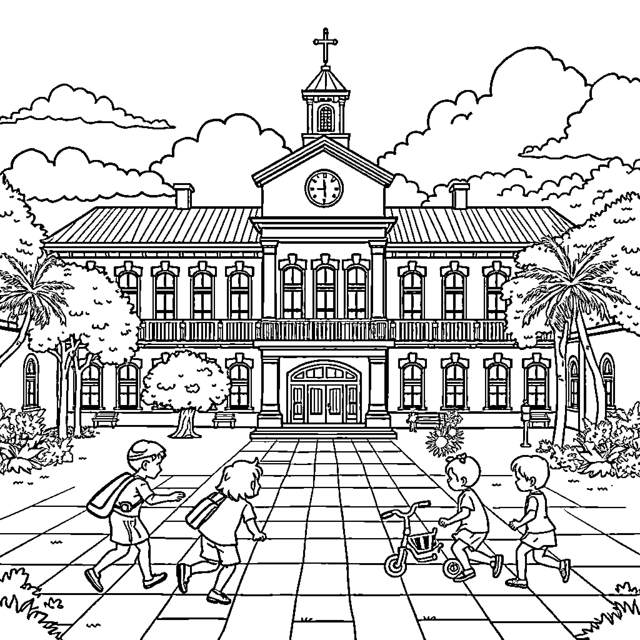 School children playing on the playground near historic building Coloring Page (free black-and-white line drawing printable PDF for all, from beginners to advanced learners, including children, teens, adults, and seniors)