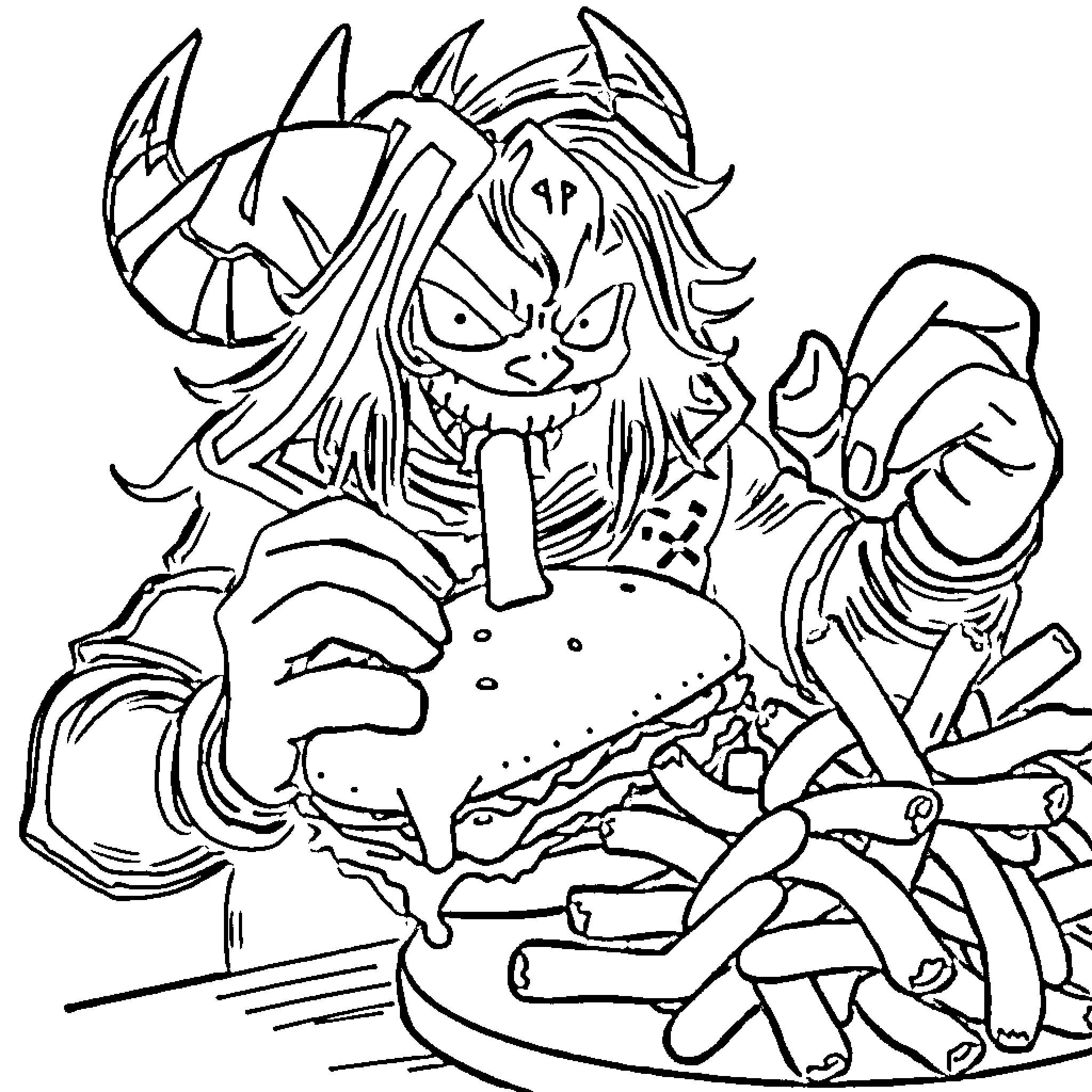Tokito the Fearsome Creature Enjoying a Messy Snack Coloring Page (free black-and-white line drawing printable PDF for all, from beginners to advanced learners, including children, teens, adults, and seniors)