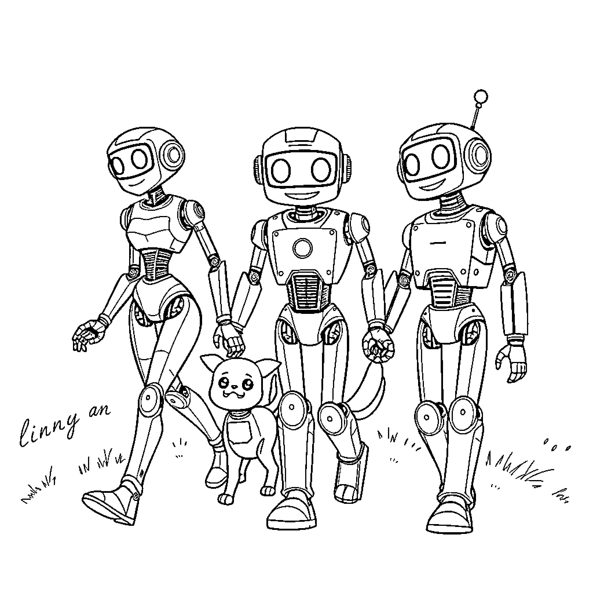 Robot companions in a playful scene Coloring Page (free black-and-white line drawing printable PDF for all, from beginners to advanced learners, including children, teens, adults, and seniors)