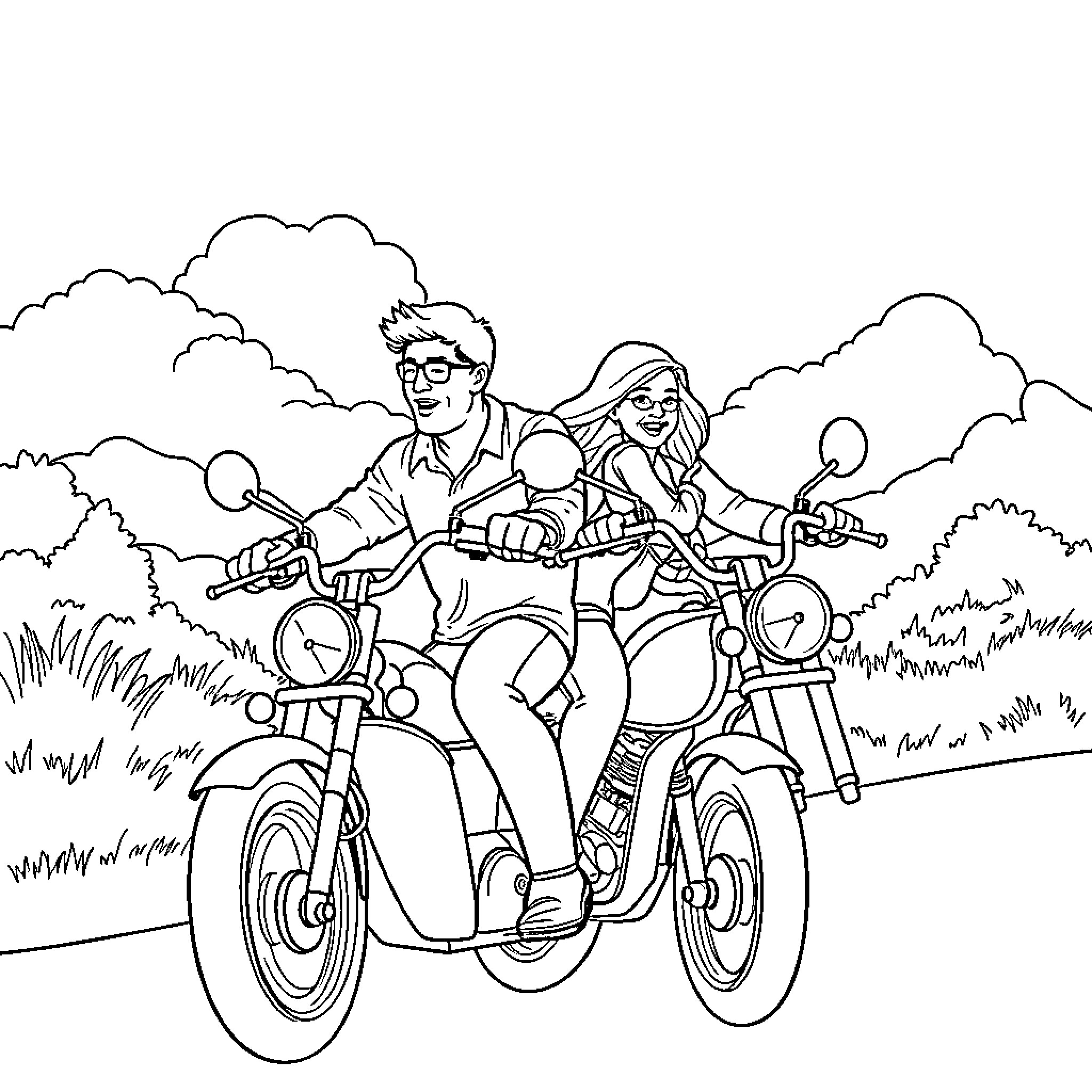 Motorcycle Riders Enjoying Scenic Road Trip Coloring Page (free black-and-white line drawing printable PDF for all, from beginners to advanced learners, including children, teens, adults, and seniors)