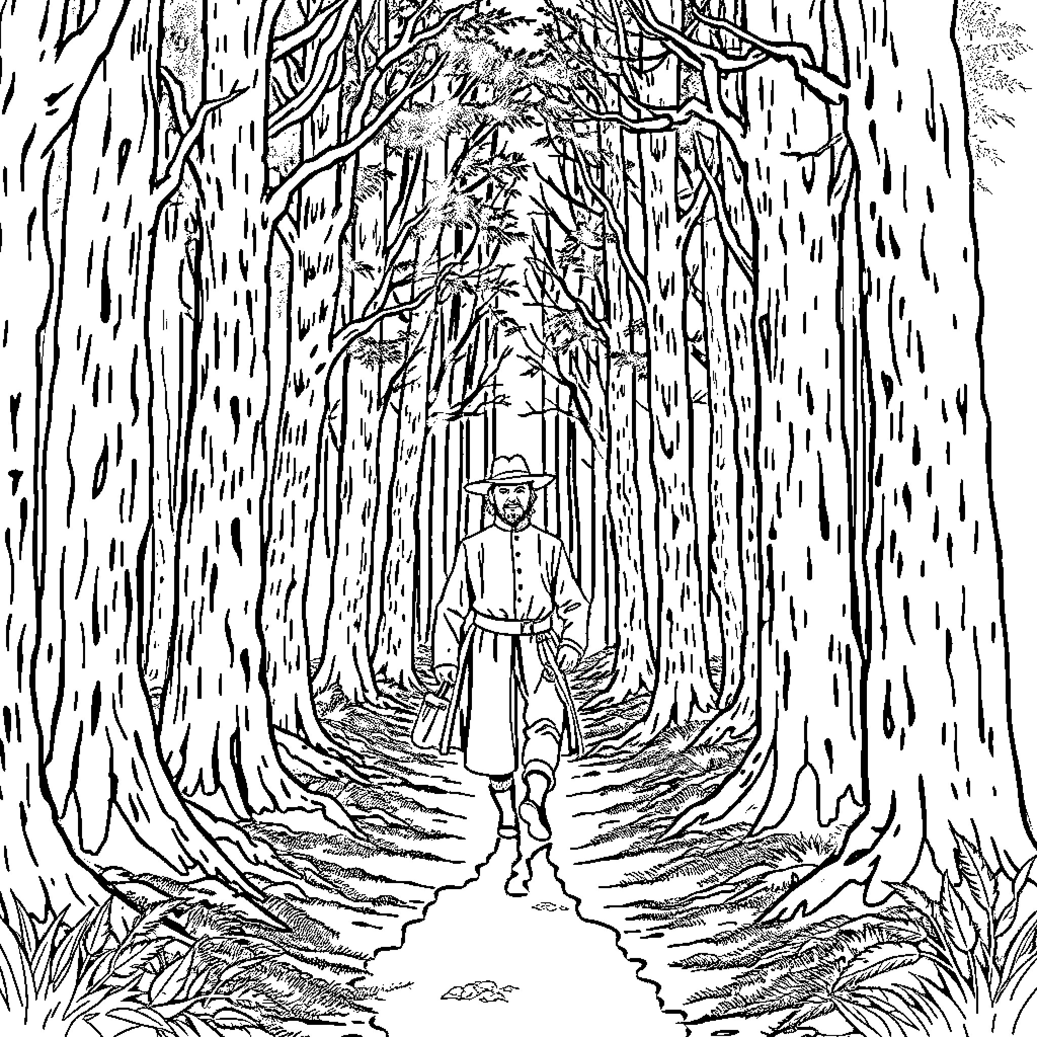 Goodman Brown walking alone in the dark forest Coloring Page (free black-and-white line drawing printable PDF for all, from beginners to advanced learners, including children, teens, adults, and seniors)