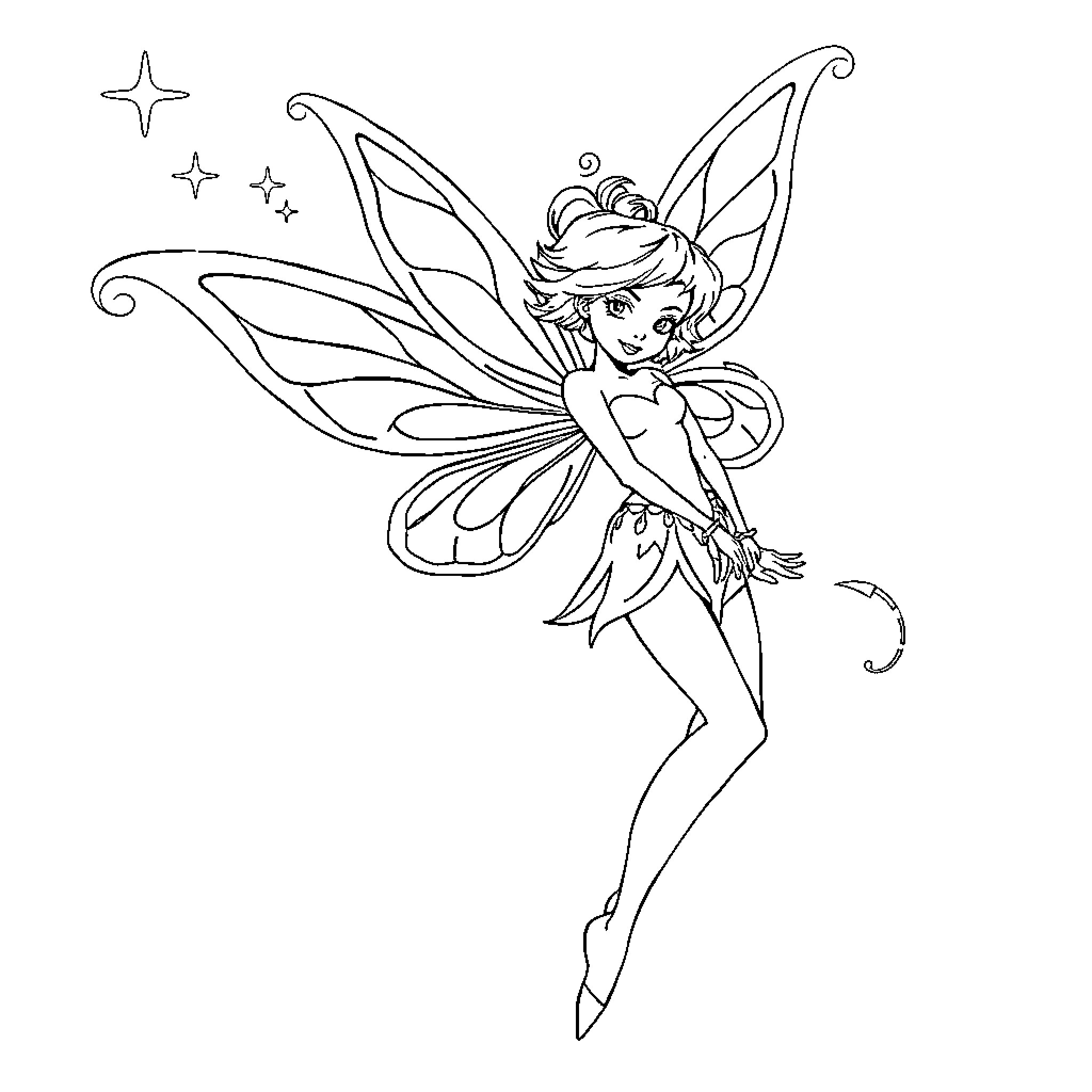 Fairy dancing gracefully with wings Coloring Page (free black-and-white line drawing printable PDF for all, from beginners to advanced learners, including children, teens, adults, and seniors)