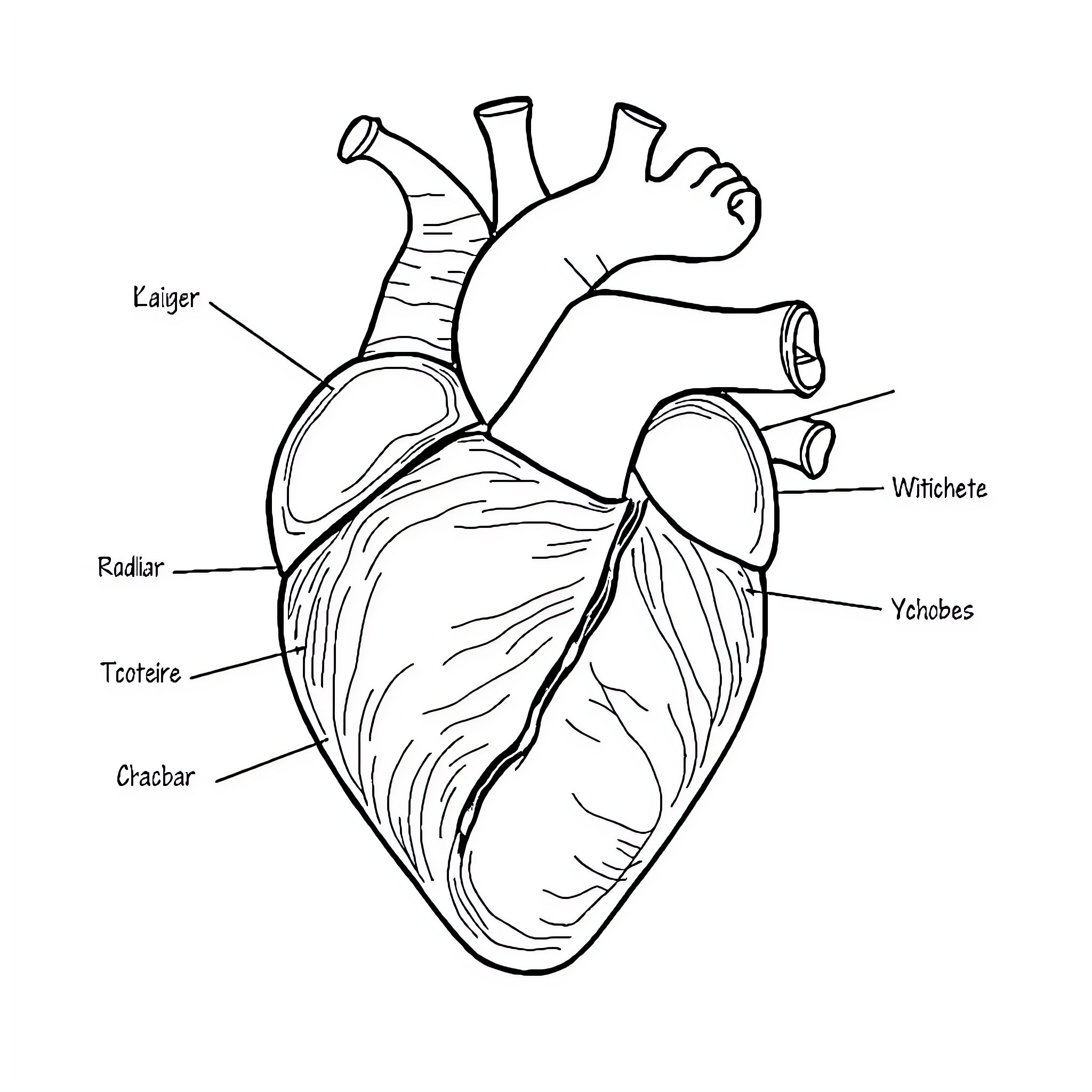 Corazon: Detailed Anatomical Illustration of the Human Heart Coloring Page (free black-and-white line drawing printable PDF for all, from beginners to advanced learners, including children, teens, adults, and seniors)