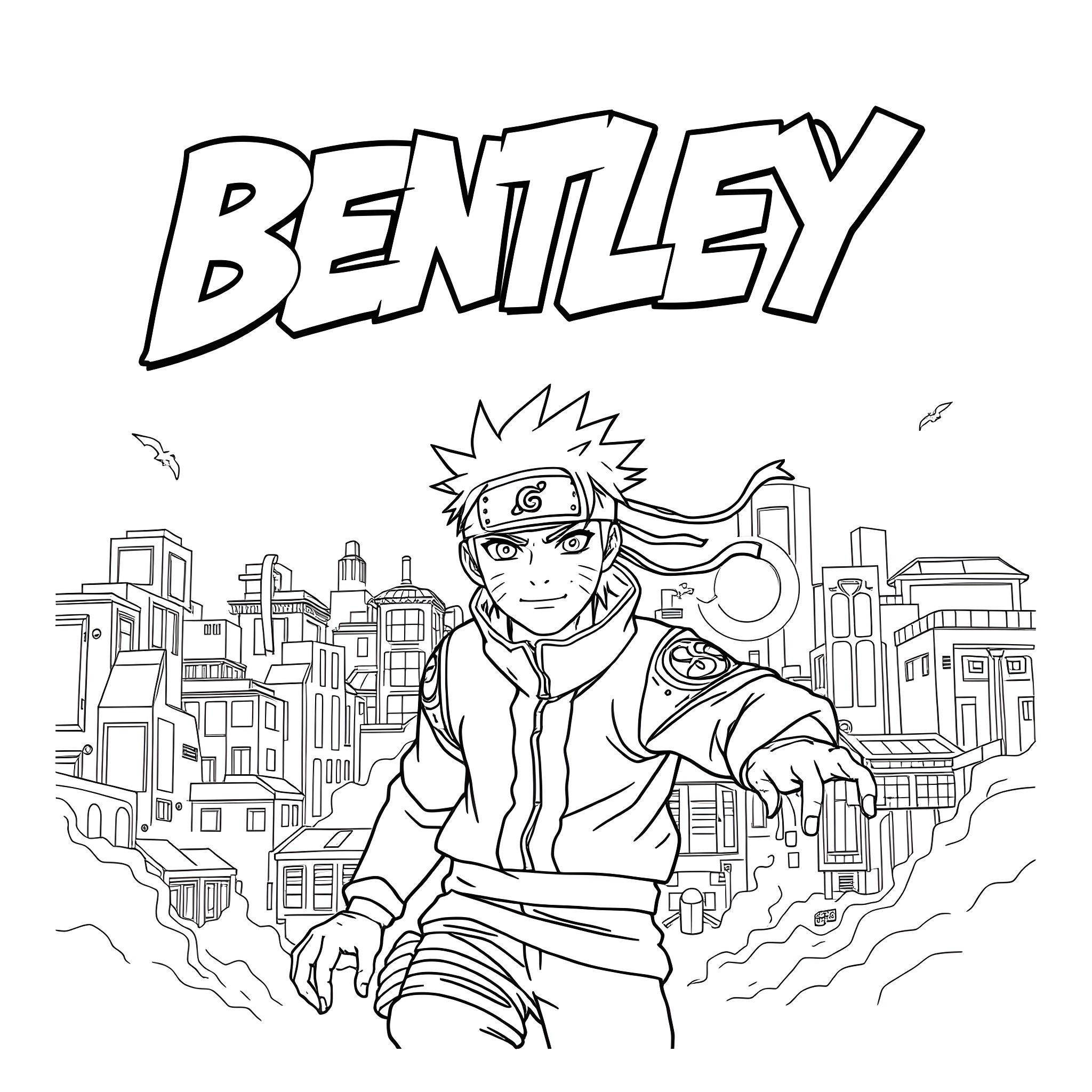 Bentley adventuring through the city Coloring Page (free black-and-white line drawing printable PDF for all, from beginners to advanced learners, including children, teens, adults, and seniors)