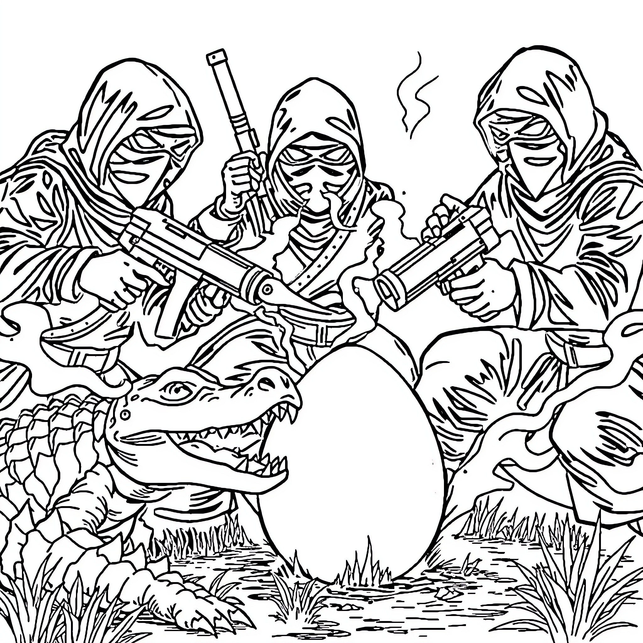 Ninja warriors battling a fierce dragon Coloring Page (free black-and-white line drawing printable PDF for all, from beginners to advanced learners, including children, teens, adults, and seniors)